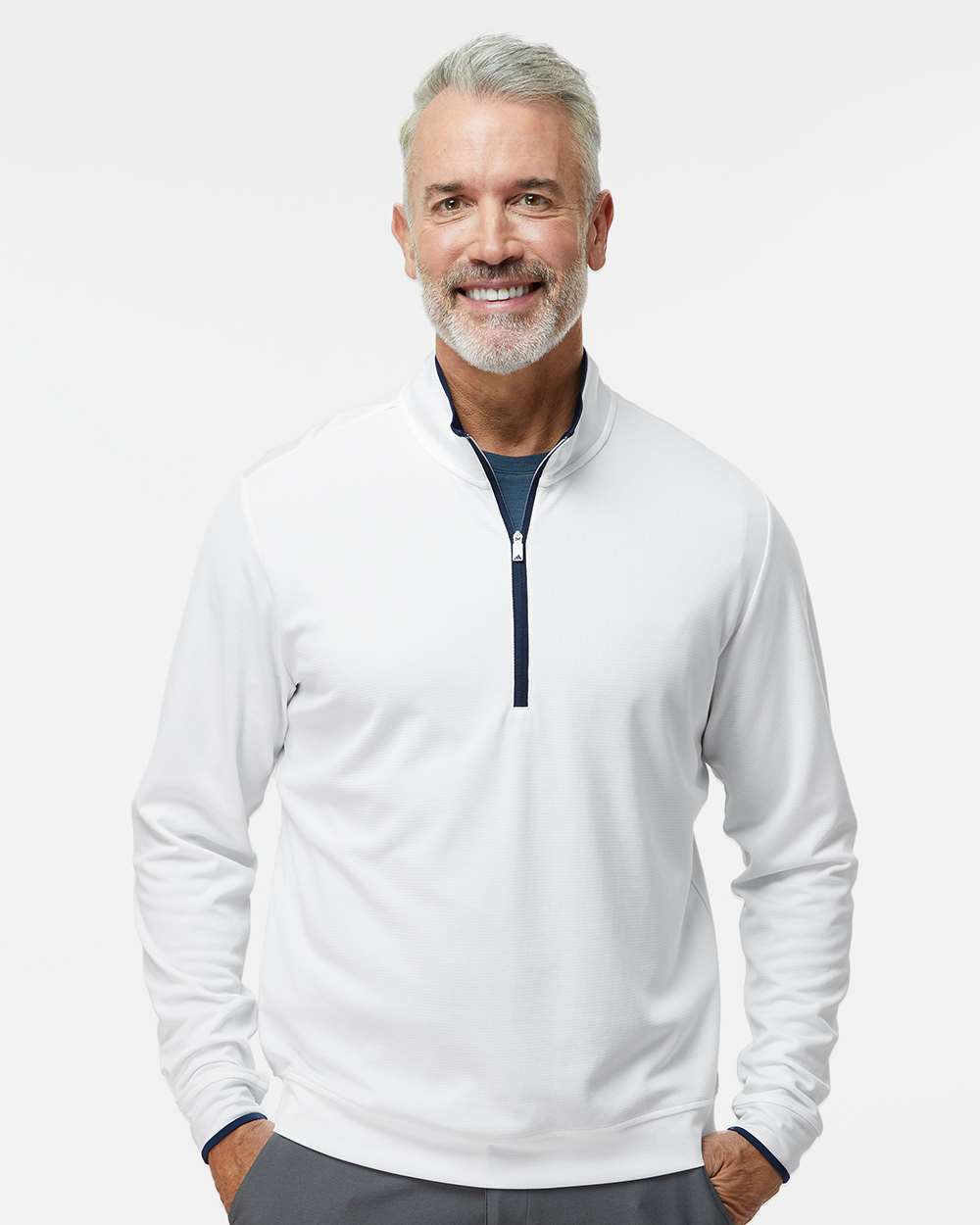 adidas Men's Performance Lightweight Quarter-Zip Pullover in White/ Navy, style A2002