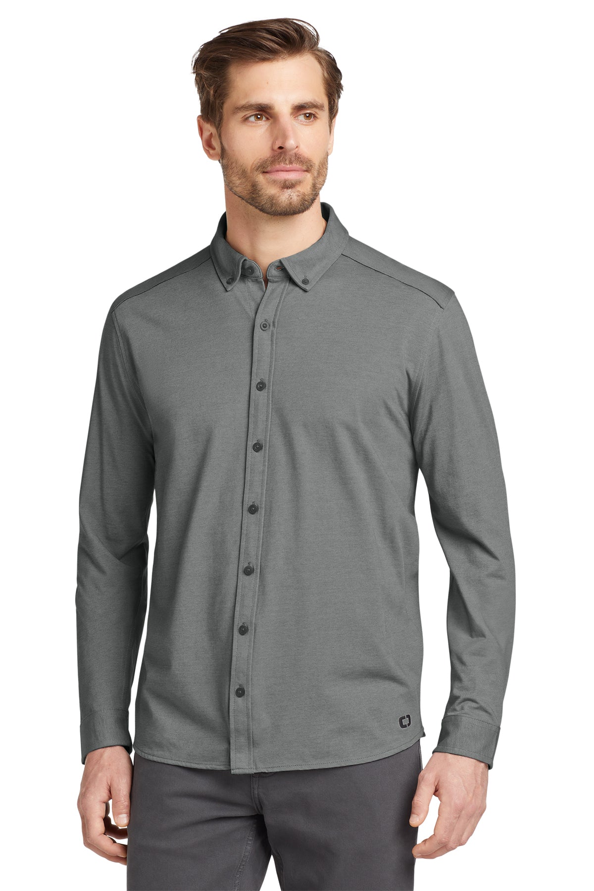 OGIO Code Stretch Long Sleeve Button-Up in Tarmac Grey Heather, style OG145