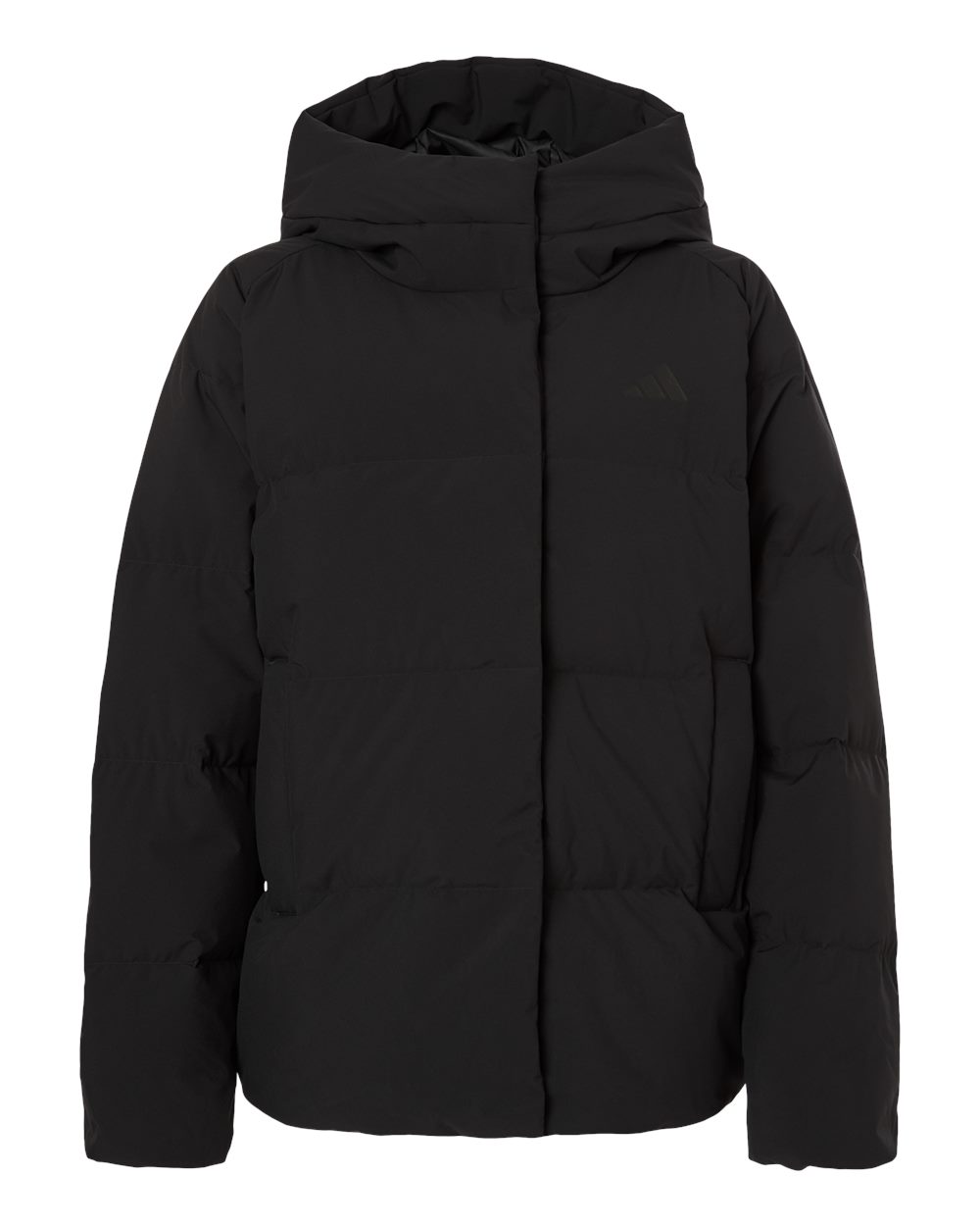 adidas Women's Helonic Down Puffer Hooded Jacket in Black, style AT601