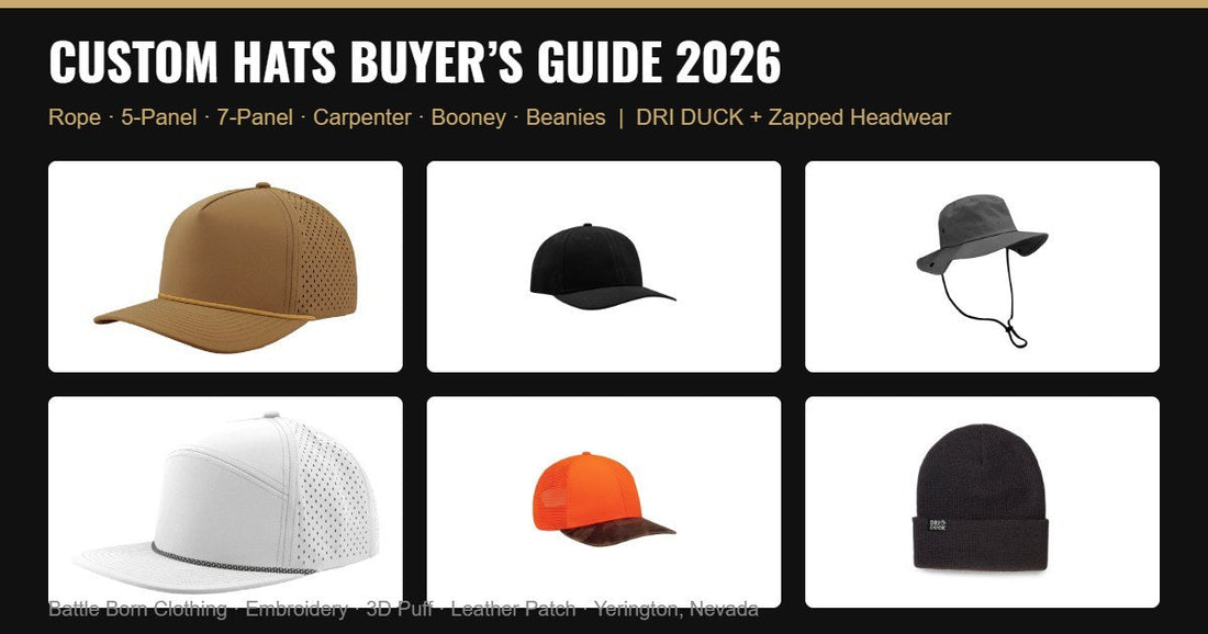 Custom Hats Buyer's Guide 2026 - rope, 5-panel, carpenter, booney and beanie hats from DRI DUCK and Zapped Headwear