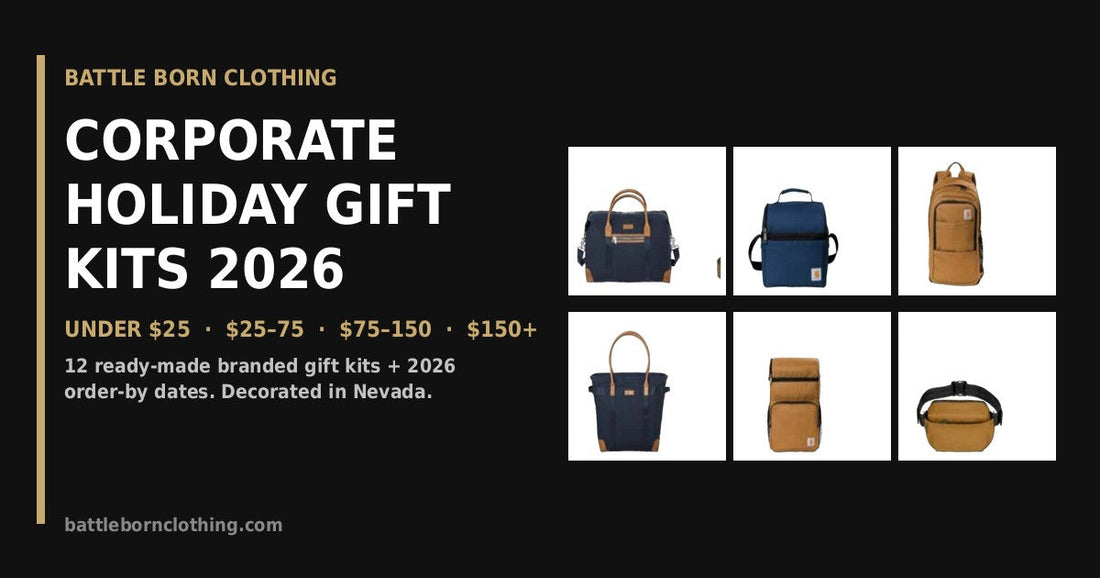 Corporate holiday gift kits 2026 from Battle Born Clothing - branded bags, coolers and backpacks
