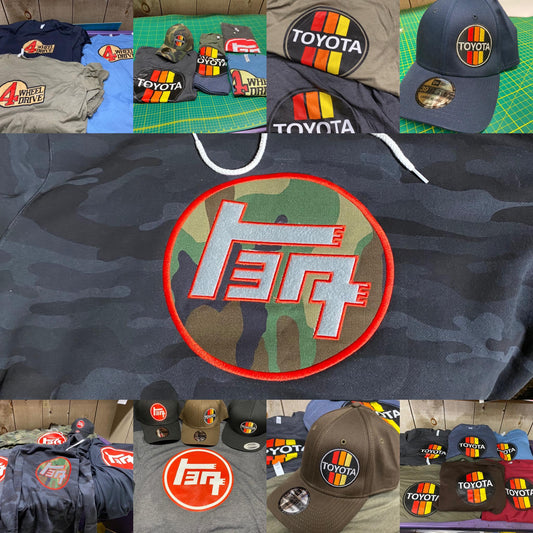 applique Embroidered Hoodie, Embroidered Hats and Screen printed Toyota tees by Battle Born Clothing LLC