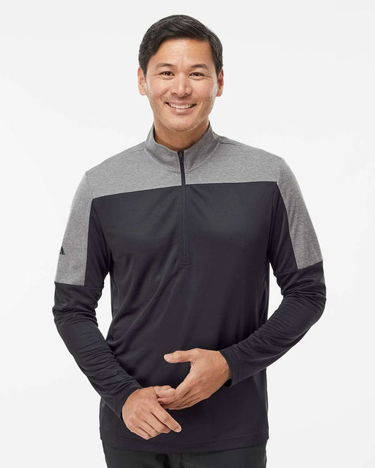 adidas Men's Ultimate365 Lightweight Colorblocked Quarter-Zip Pullover in Black/ Grey Three Melange, style A552