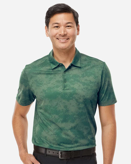 adidas Men's All Over Camo Print Polo in Green Oxide, style A550