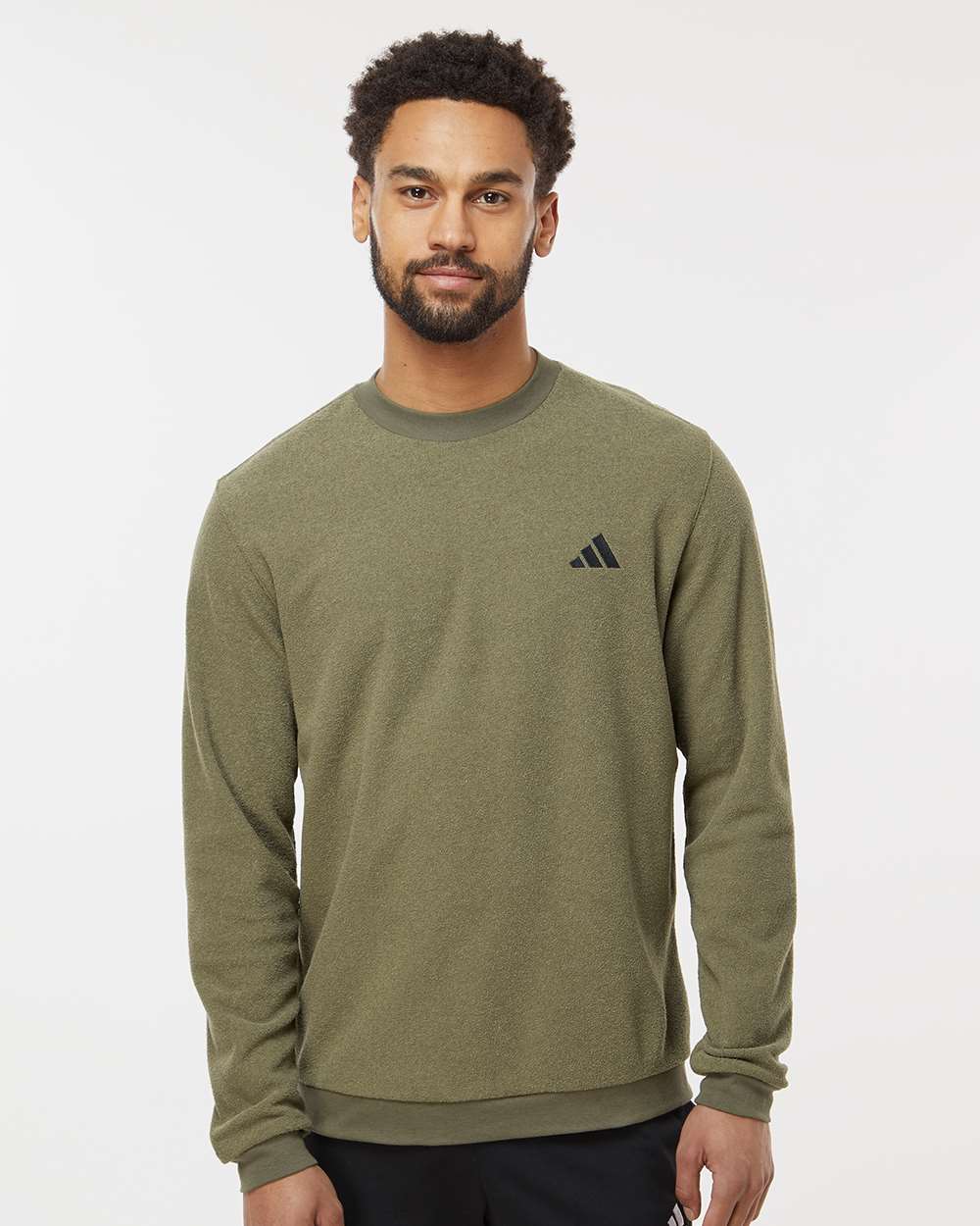 adidas Men's Terry Loop Crewneck Sweatshirt in Olive Strata, style A586