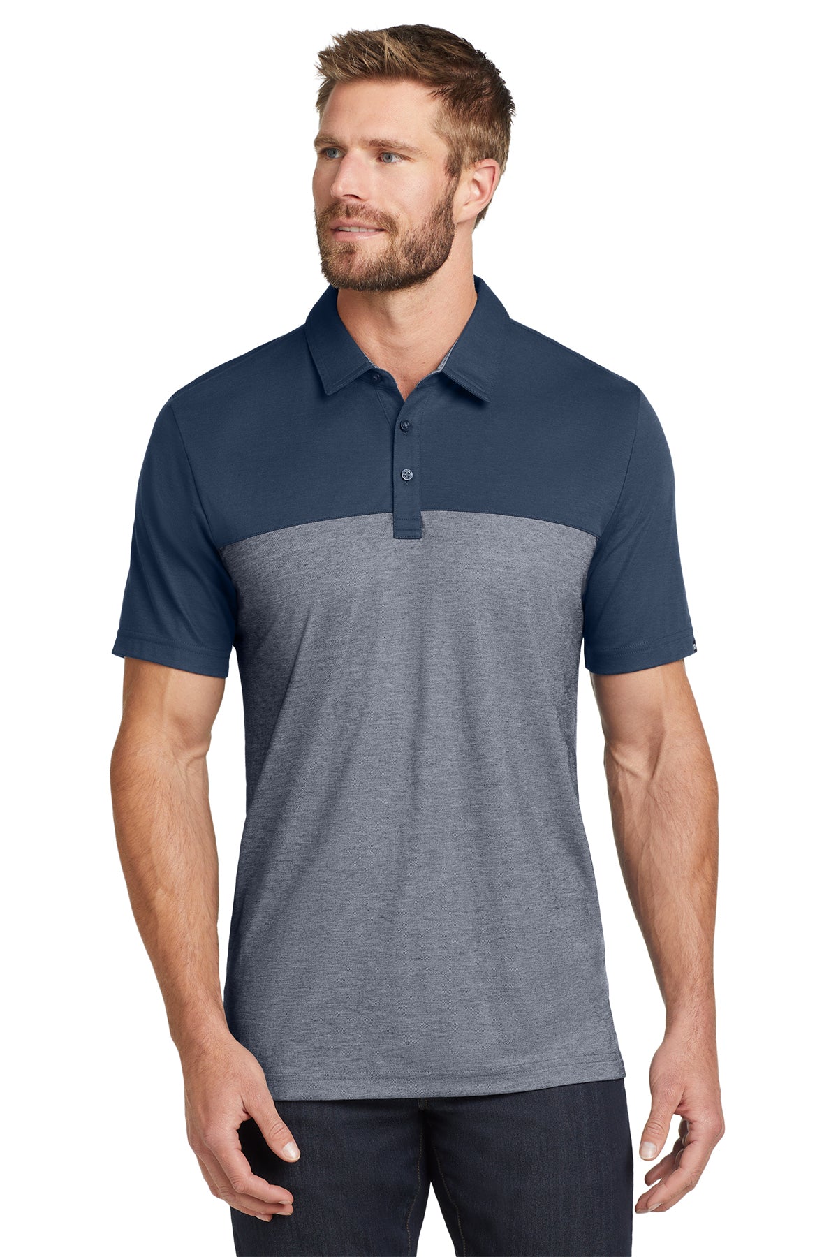 TravisMathew Oceanside Blocked Polo in Blue Nights/ Blue Nights Heather, style TM1MU414