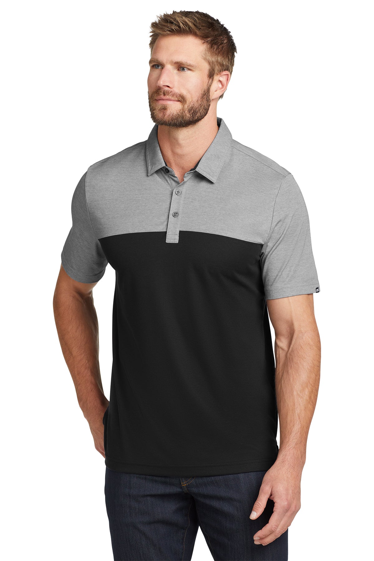 TravisMathew Oceanside Blocked Polo in Black Heather/ Black, style TM1MU414