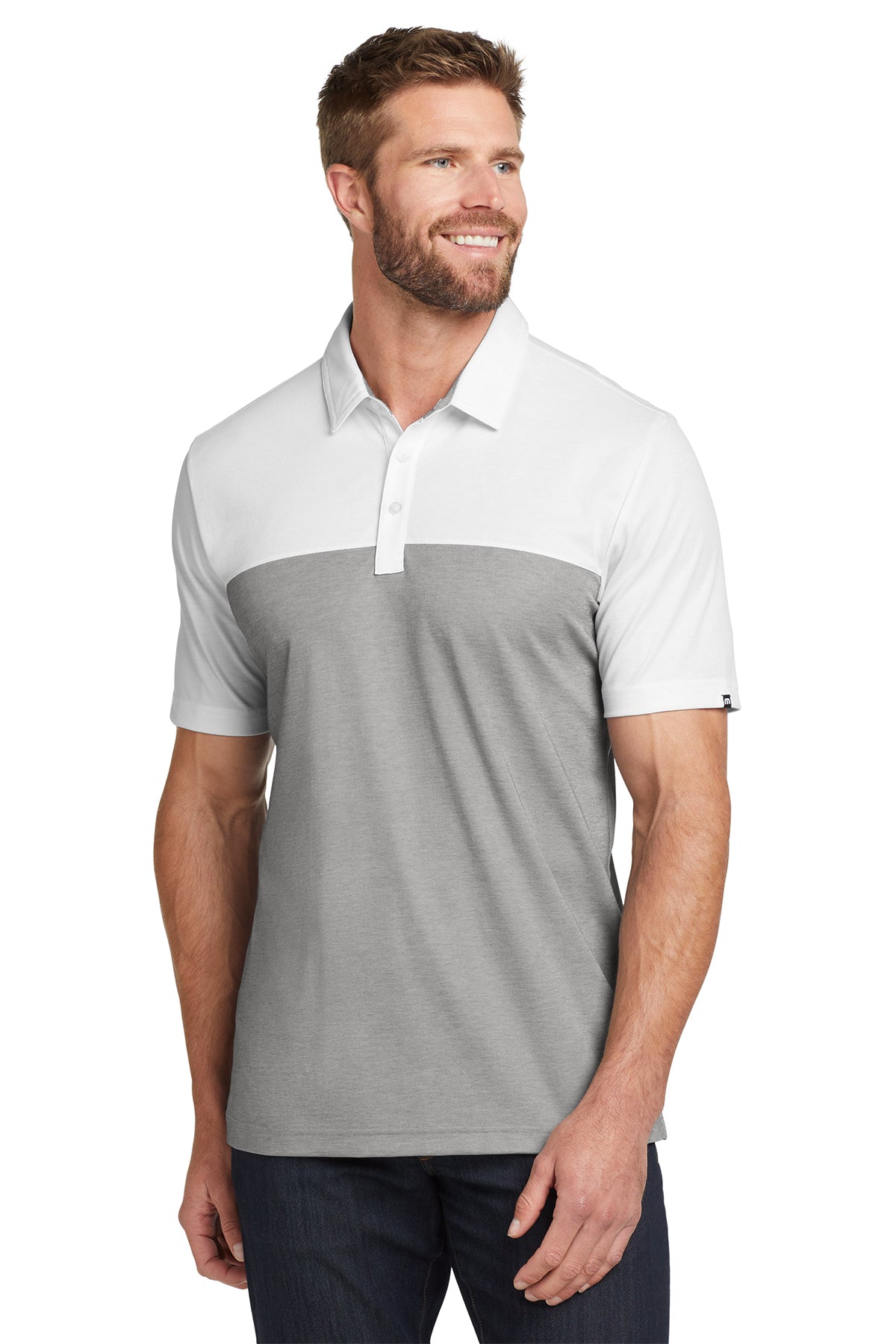 TravisMathew Oceanside Blocked Polo in White/ Quiet Shade Grey Heather, style TM1MU414
