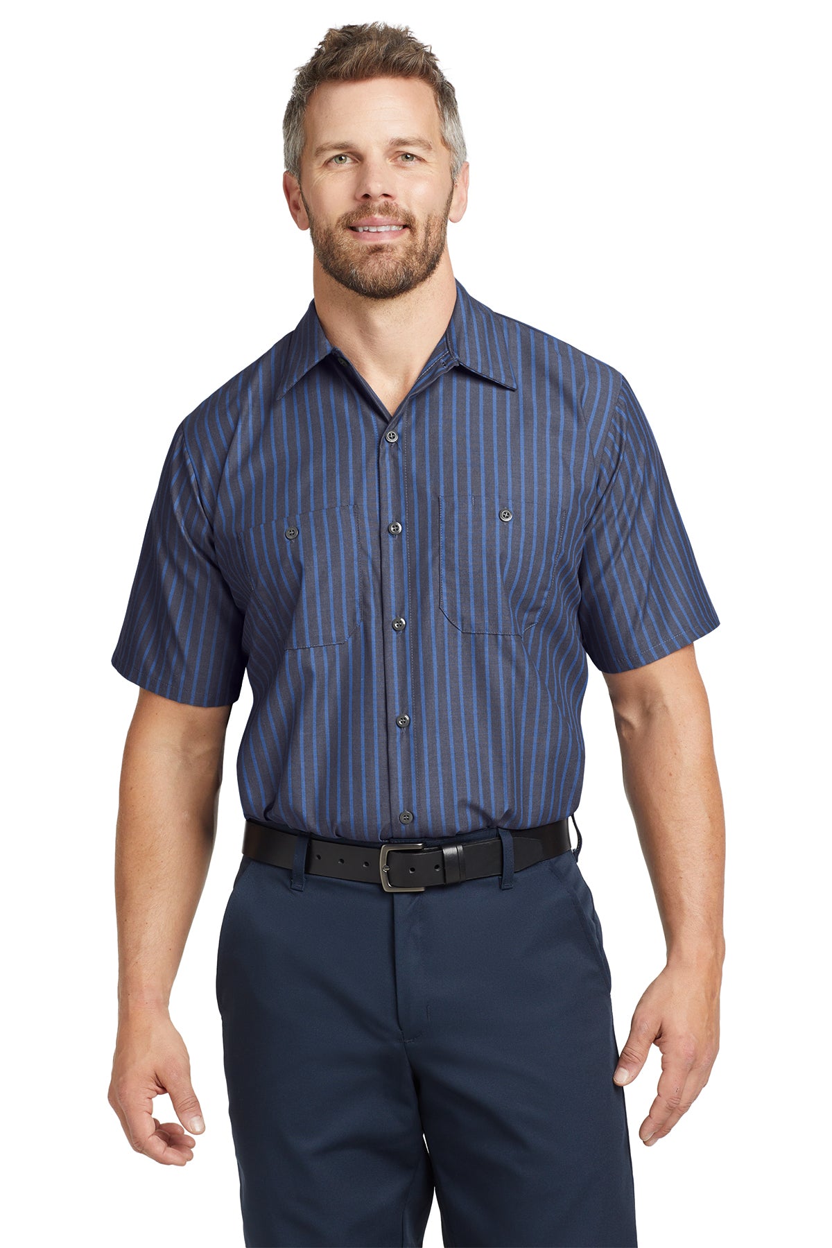 Red Kap Short Sleeve Striped Industrial Work Shirt CS20 in Grey/ Blue