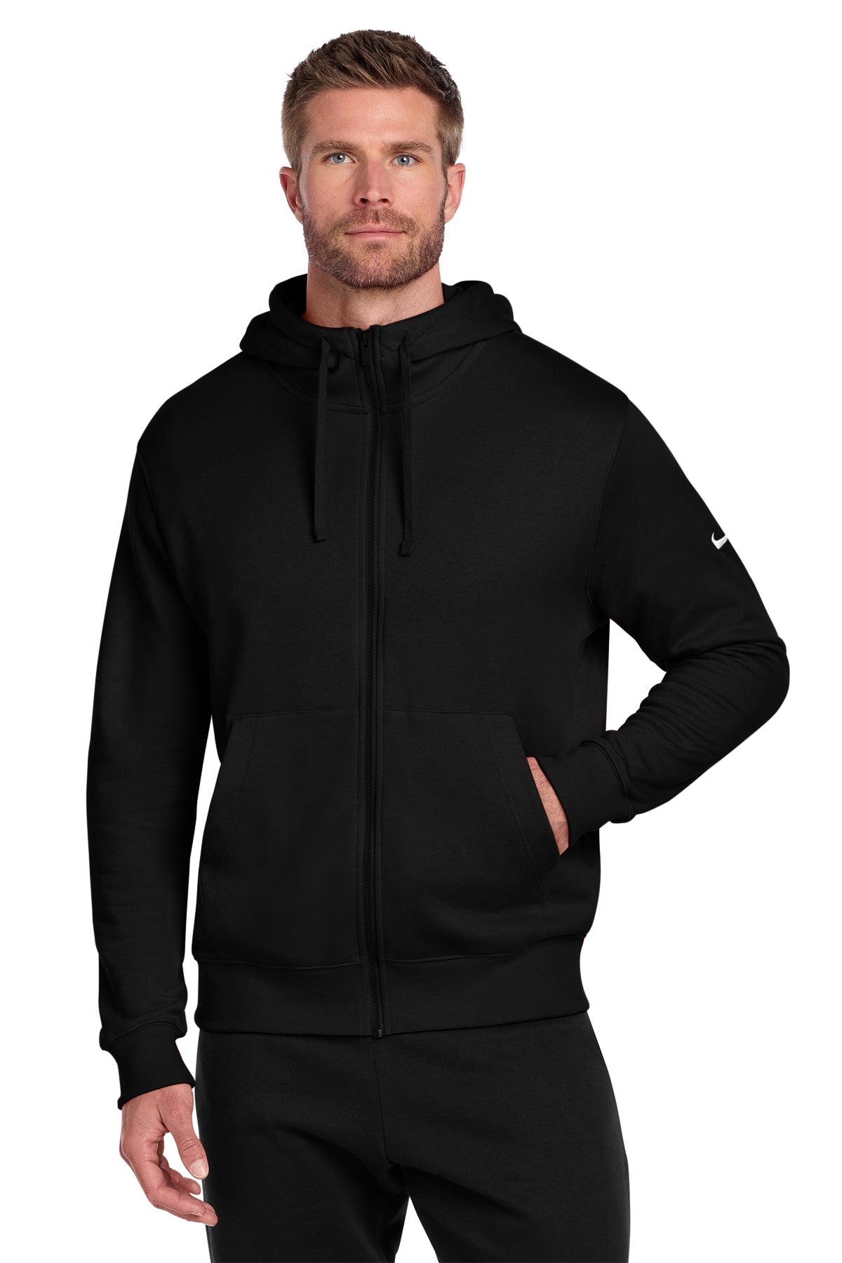 Nike Club Fleece Sleeve Swoosh Full-Zip Hoodie in Black, style NKDR1513