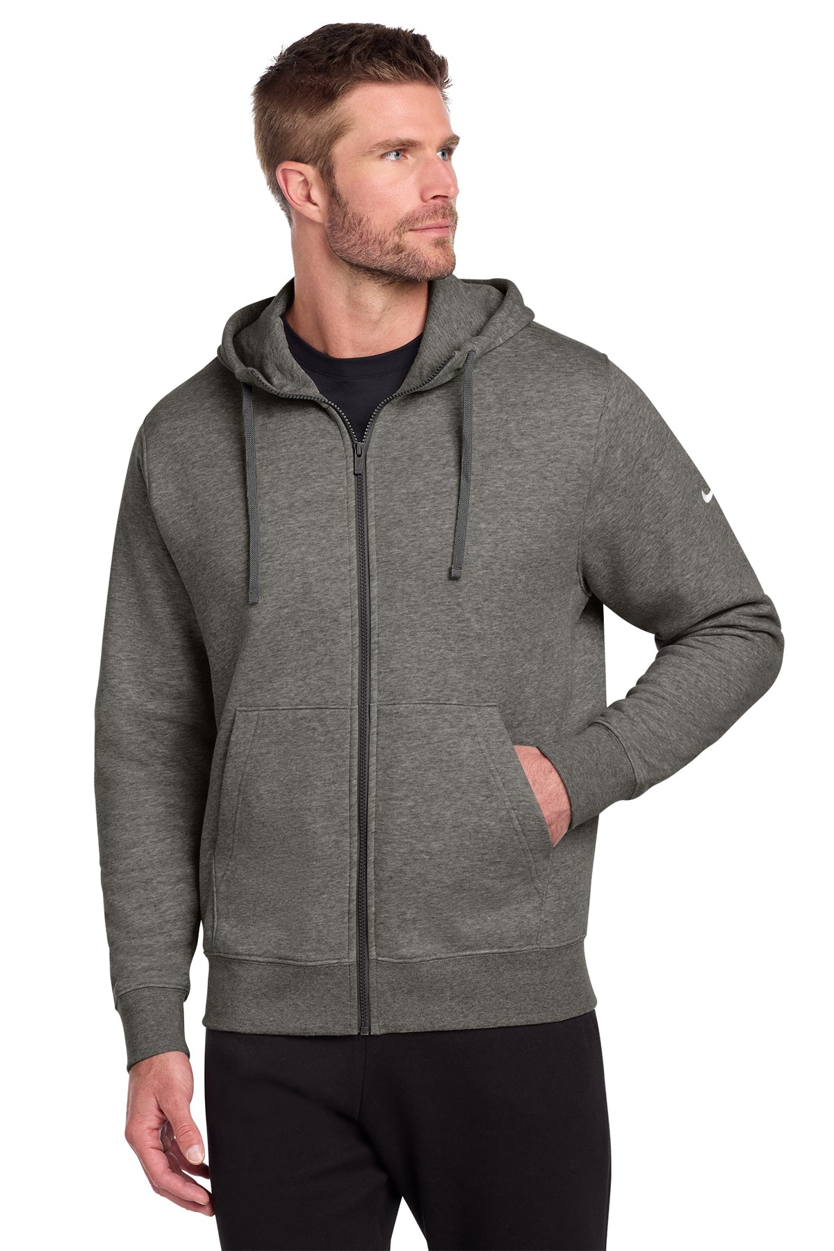 Nike Club Fleece Sleeve Swoosh Full-Zip Hoodie in Charcoal Heather, style NKDR1513