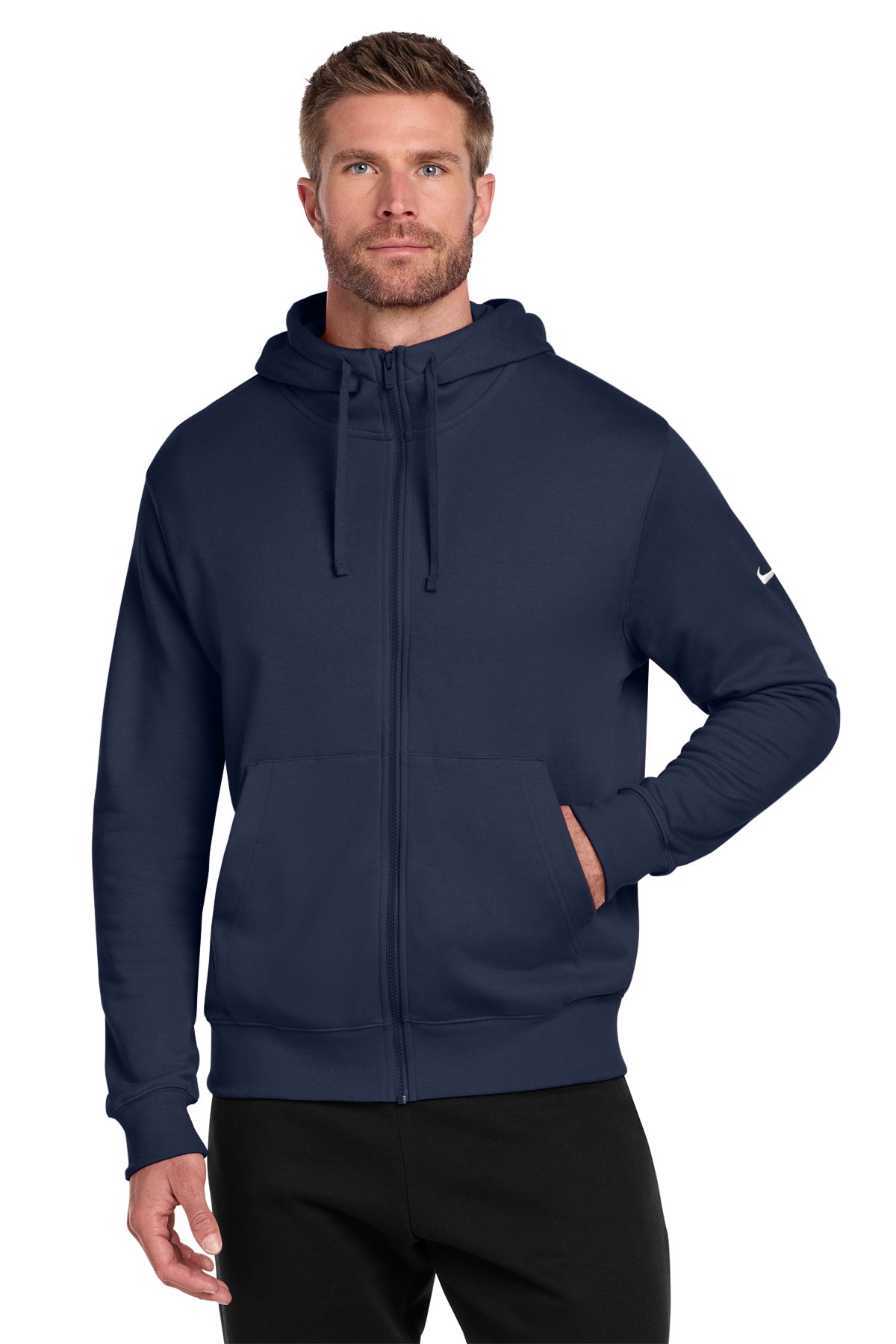 Nike Club Fleece Sleeve Swoosh Full-Zip Hoodie in Midnight Navy, style NKDR1513