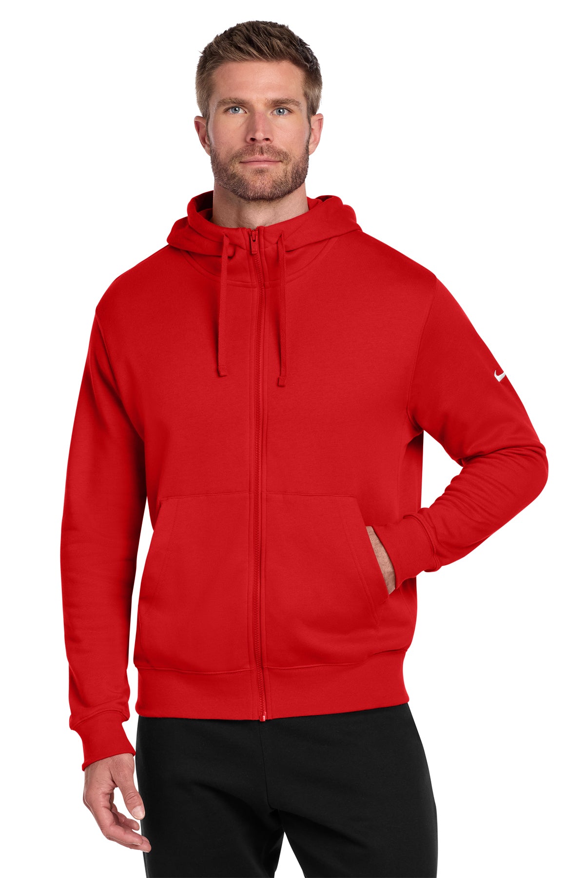 Nike Club Fleece Sleeve Swoosh Full-Zip Hoodie in University Red, style NKDR1513