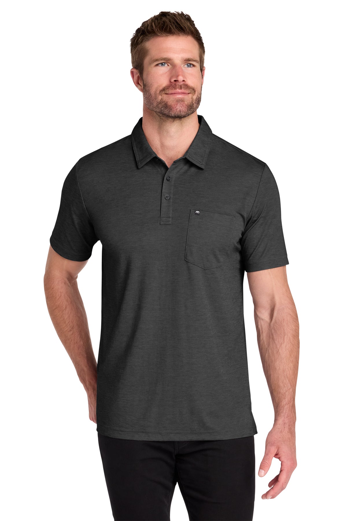 TravisMathew Oceanside Heather Pocket Polo in Black Heather, style TM1MY404