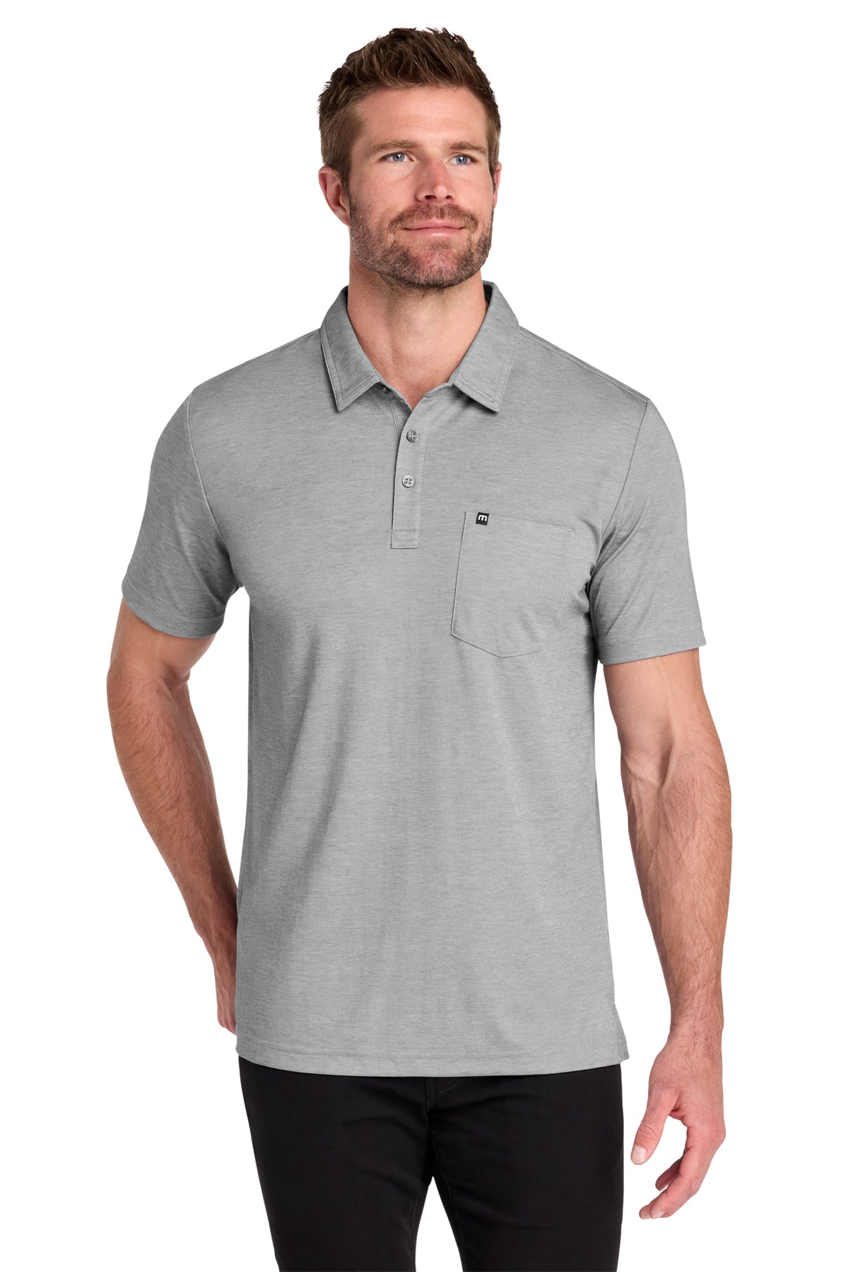TravisMathew Oceanside Heather Pocket Polo in Quiet Shade Grey Heather, style TM1MY404
