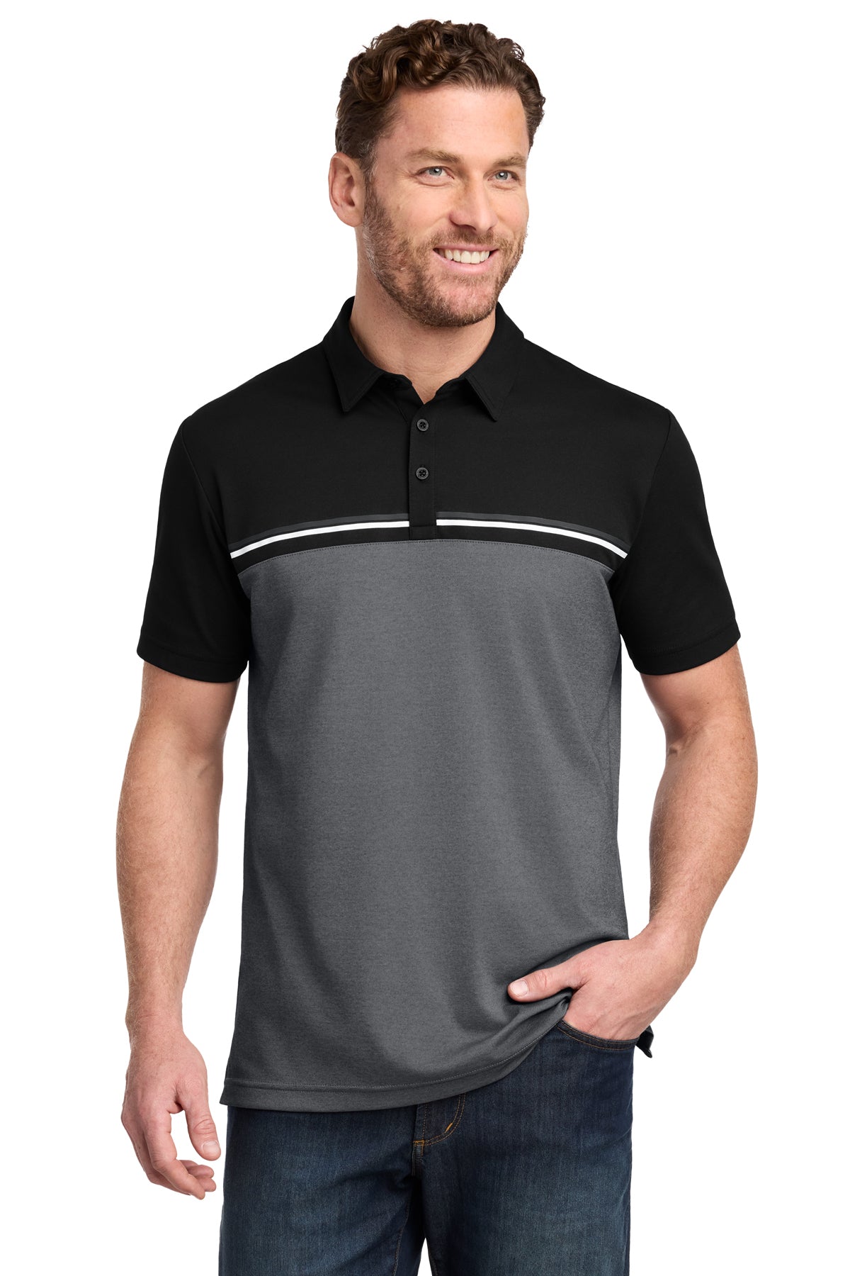TravisMathew Sunset Blocked Polo in Black/ Dark Grey Heather, style TM1MY401