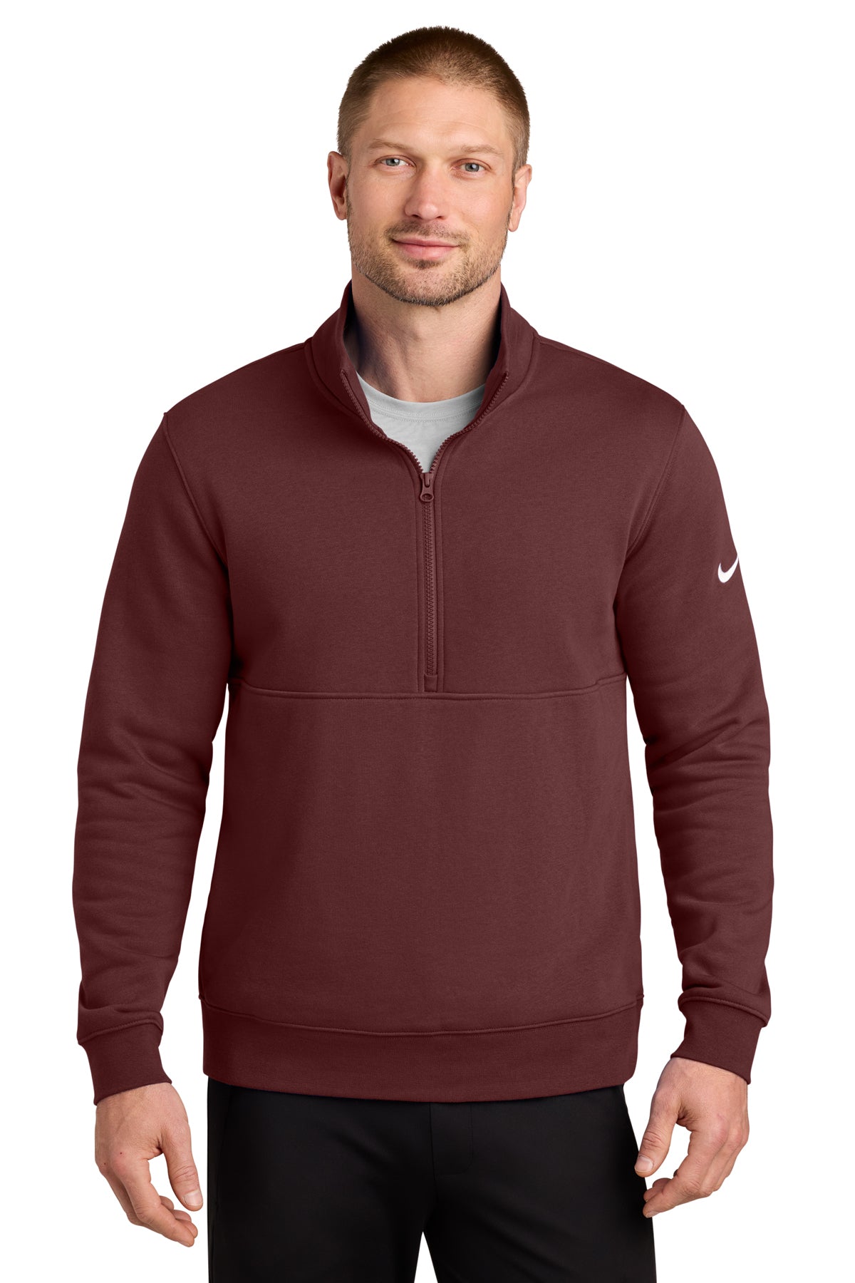 Nike Club Fleece Sleeve Swoosh 1/2-Zip in Dark Team Red, style NKDX6718