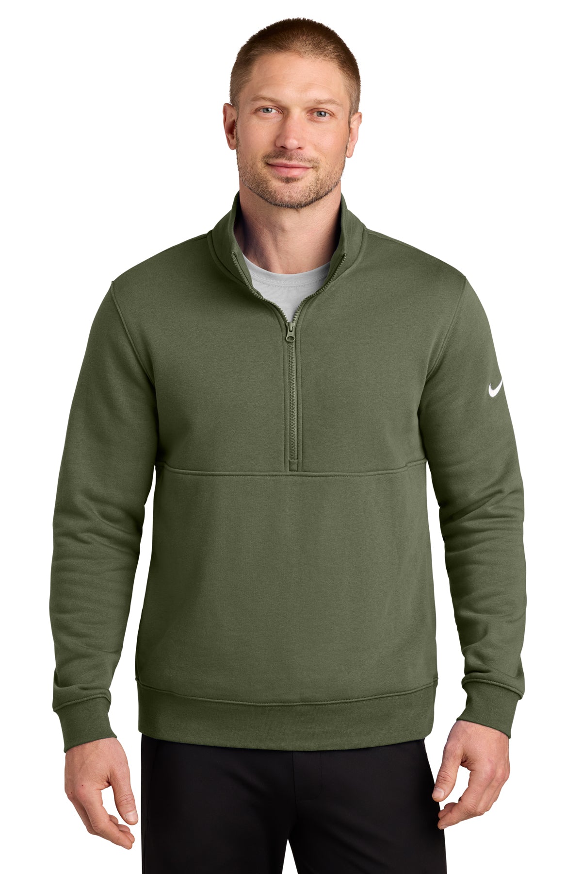 Nike Club Fleece Sleeve Swoosh 1/2-Zip in Medium Olive, style NKDX6718