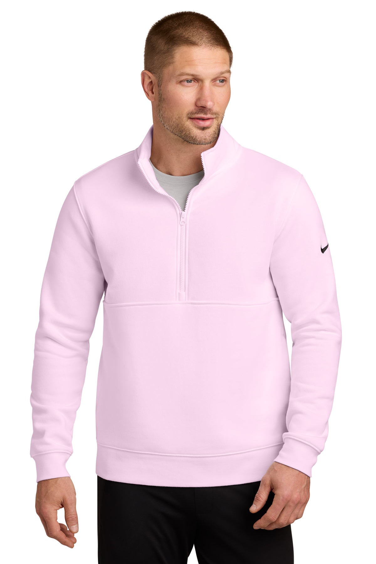 Nike Club Fleece Sleeve Swoosh 1/2-Zip in Pink Foam, style NKDX6718