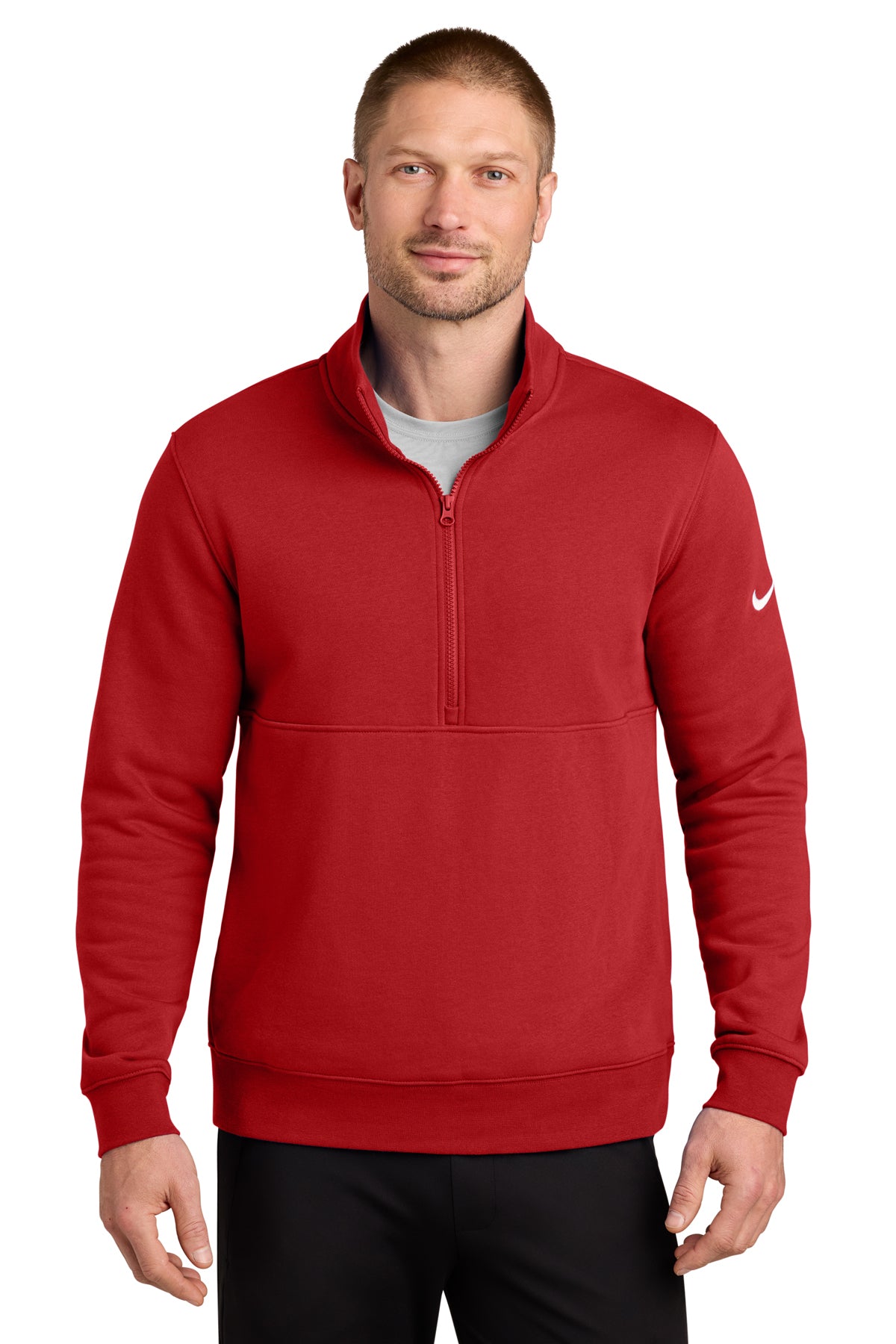 Nike Club Fleece Sleeve Swoosh 1/2-Zip in University Red, style NKDX6718