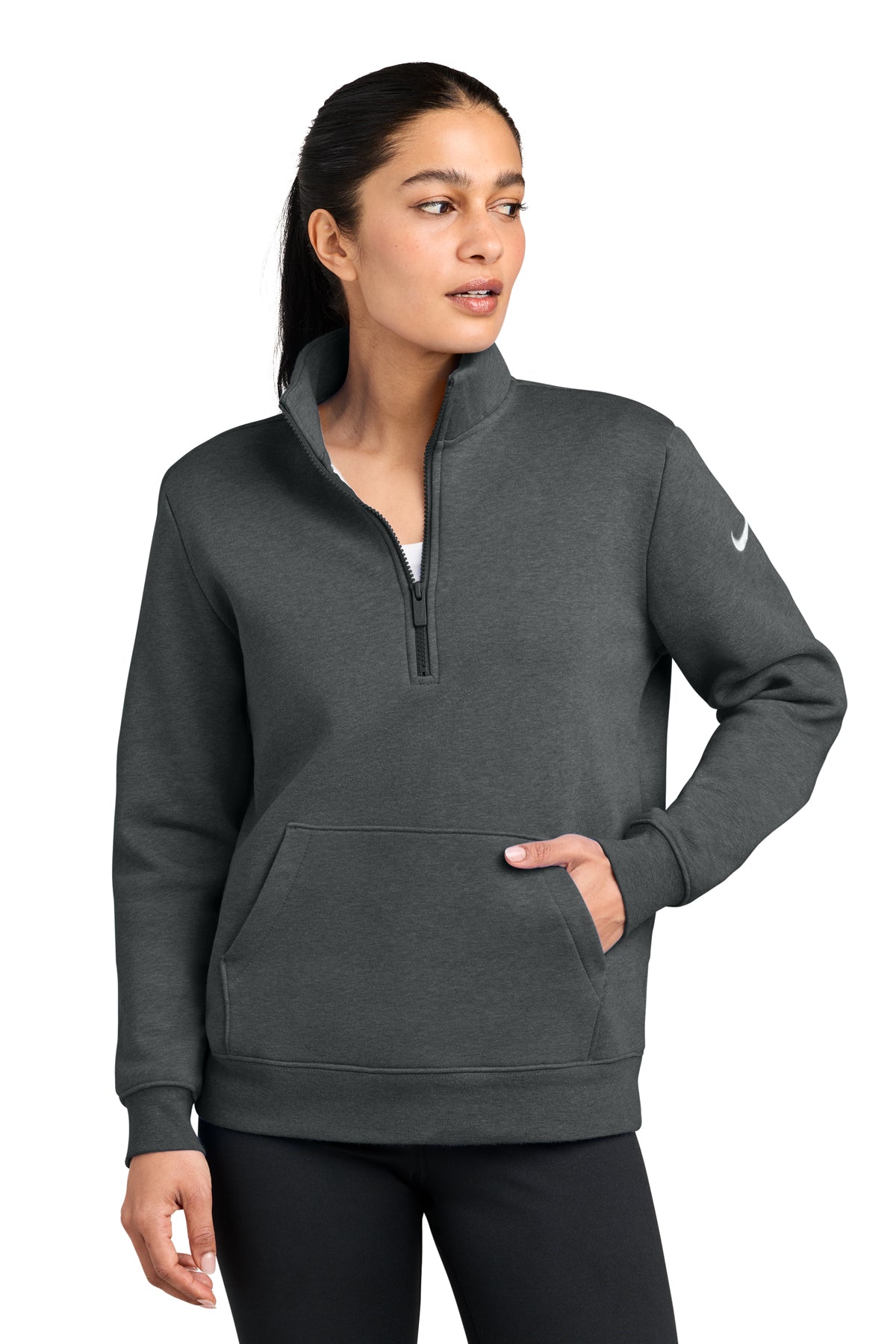 Nike Women's Club Fleece Sleeve Swoosh 1/2-Zip in Charcoal Heather, style NKDX6720