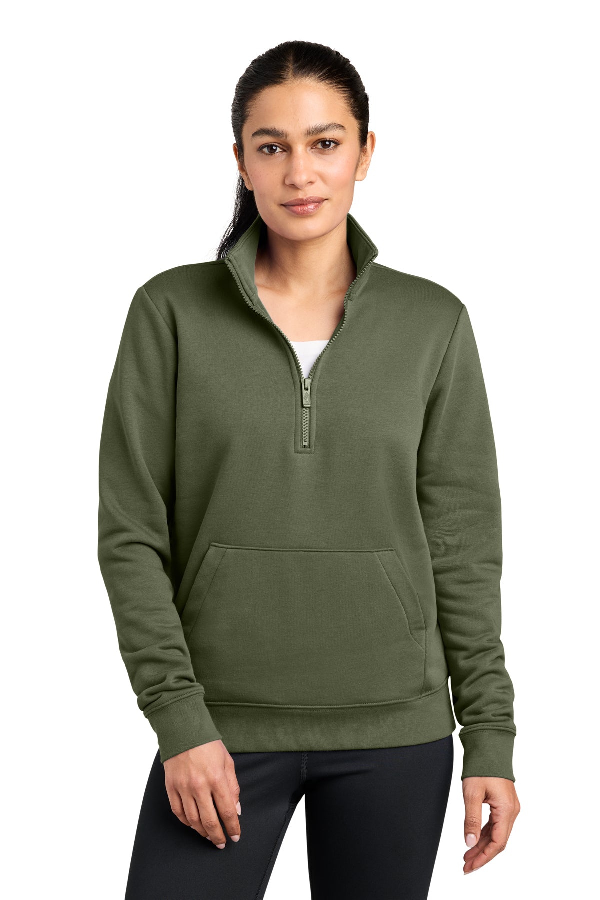 Nike Women's Club Fleece Sleeve Swoosh 1/2-Zip in Medium Olive, style NKDX6720