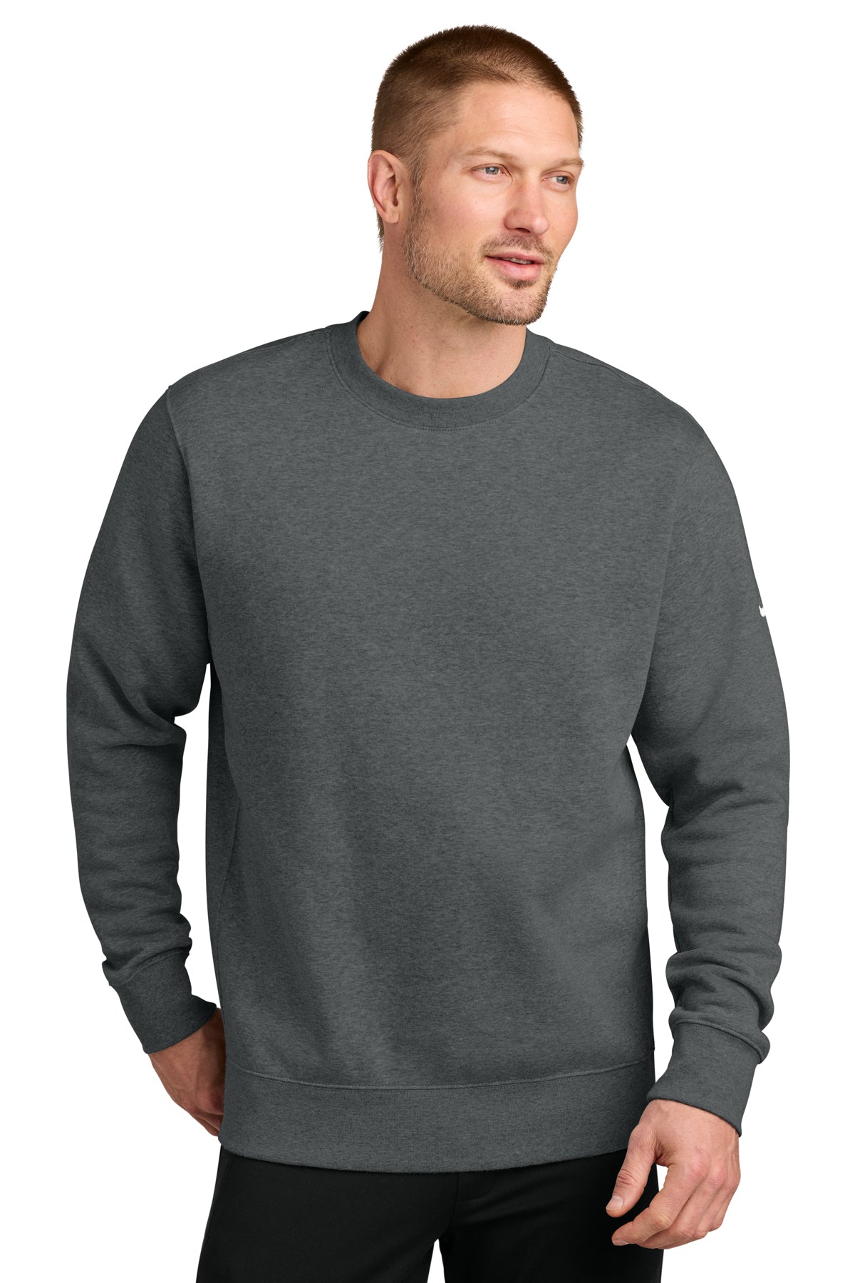 Nike Club Fleece Sleeve Swoosh Crew in Charcoal Heather, style NKFD9863