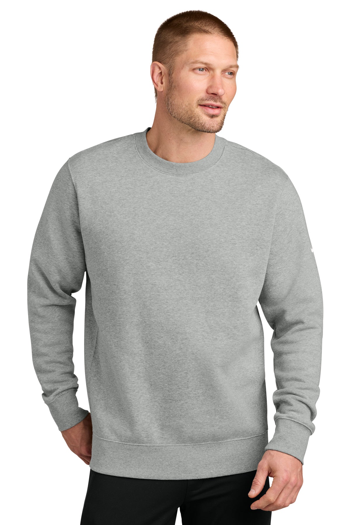 Nike Club Fleece Sleeve Swoosh Crew in Dark Grey Heather, style NKFD9863