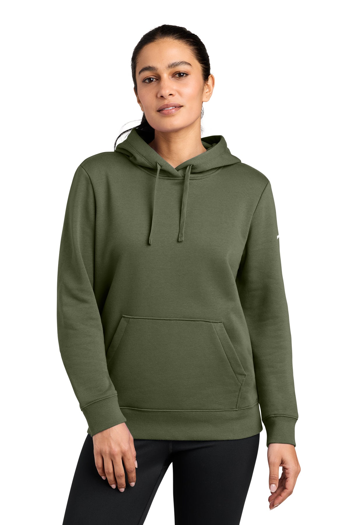 Nike Women's Club Fleece Sleeve Swoosh Pullover Hoodie in Medium Olive, style NKFD9889