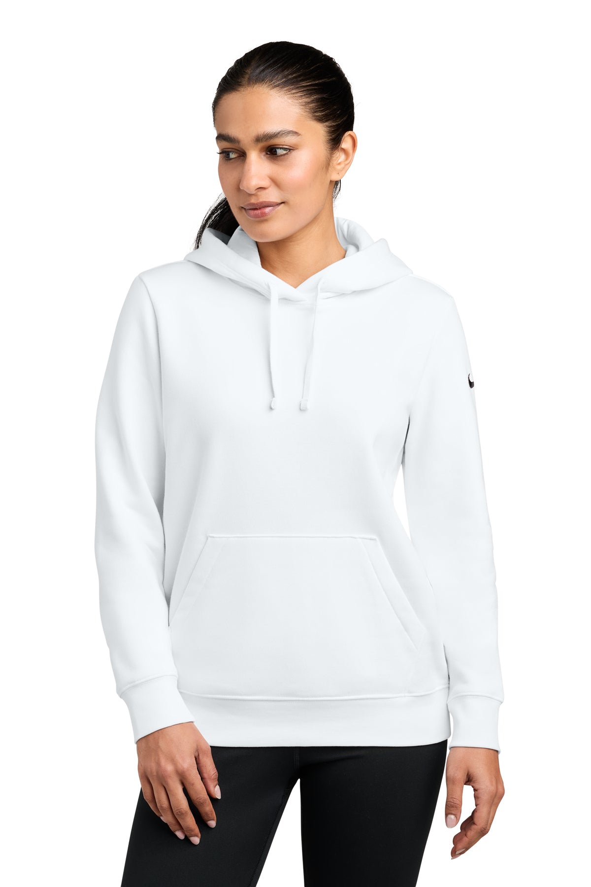 Nike Women's Club Fleece Sleeve Swoosh Pullover Hoodie in White, style NKFD9889