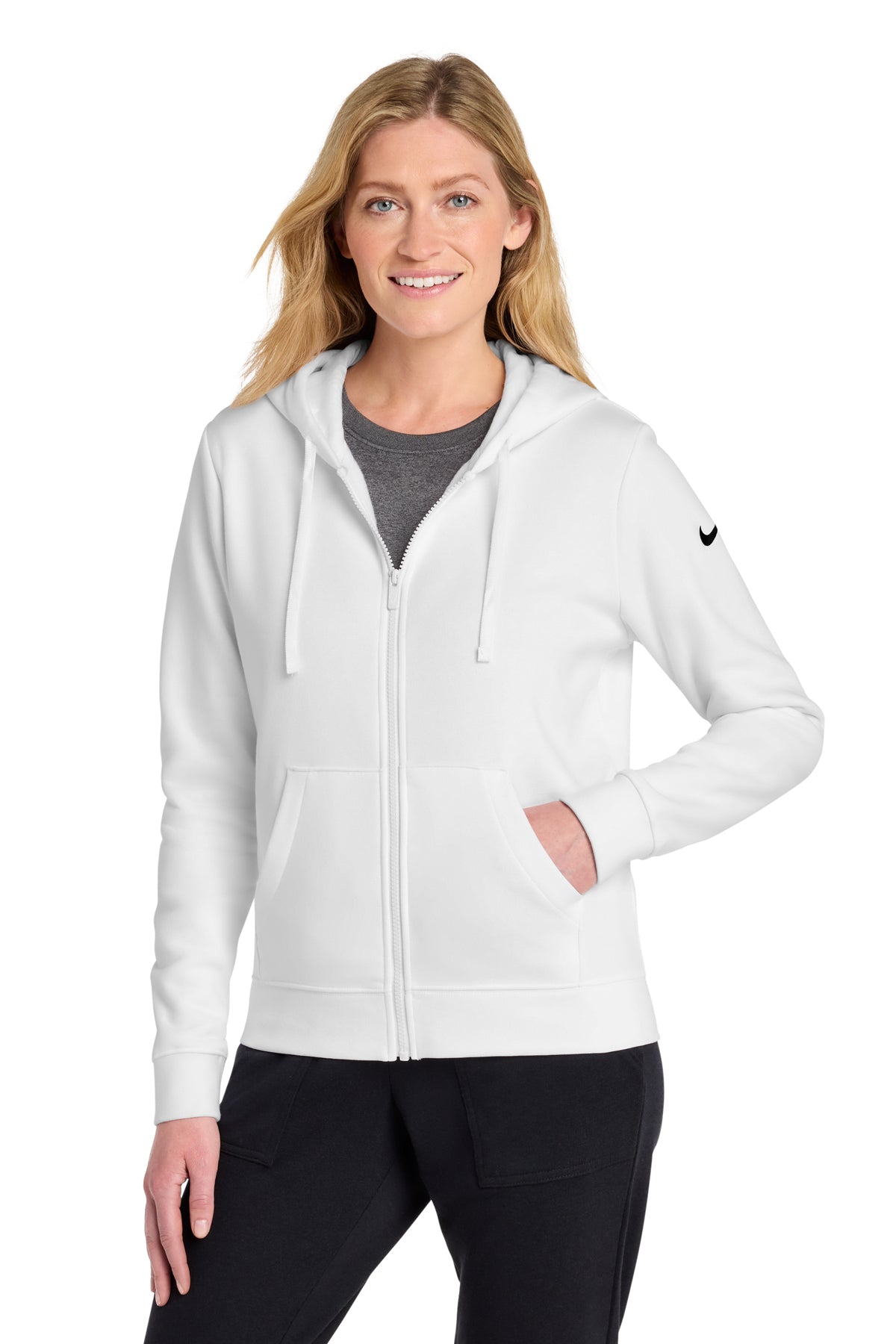 Nike Women's Club Fleece Sleeve Swoosh Full-Zip Hoodie in White, style NKFD9890