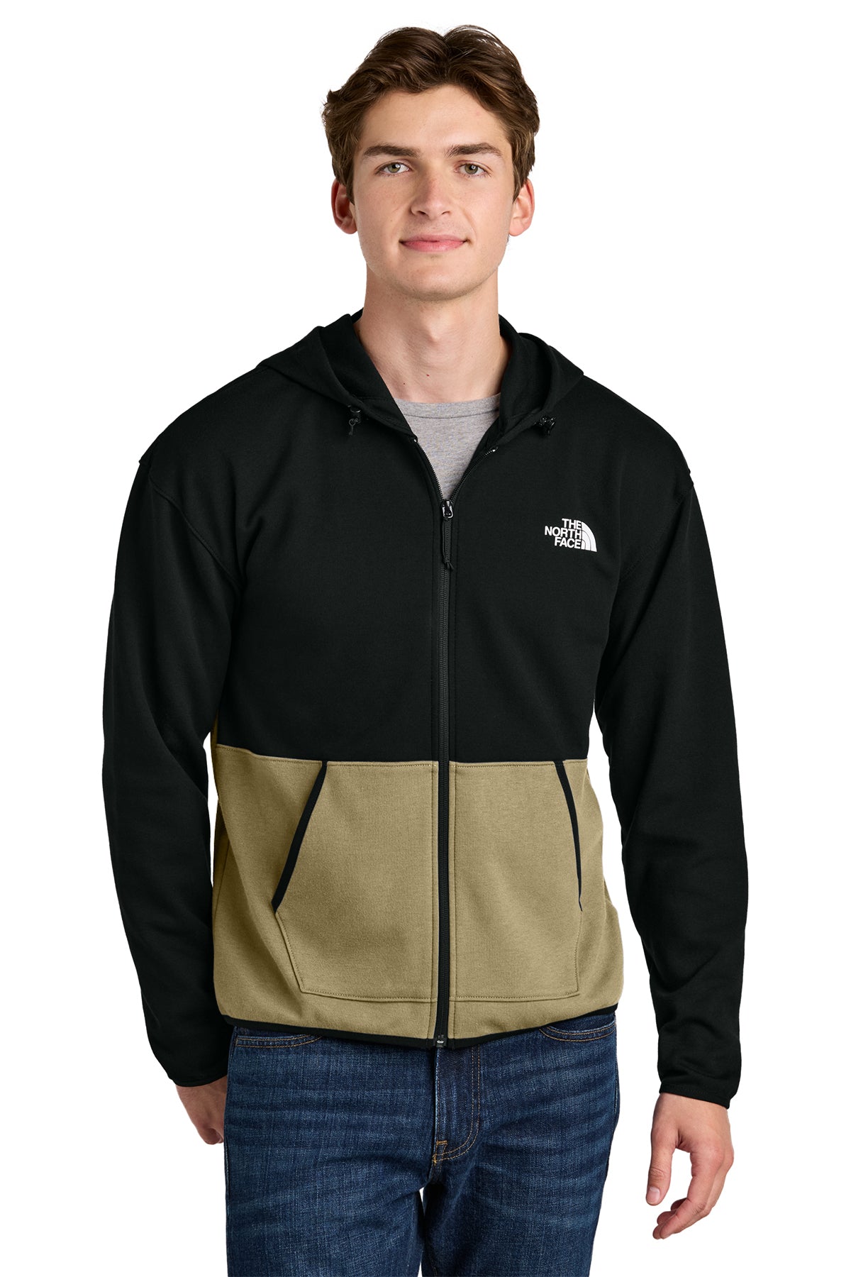 The North Face Double-Knit Full-Zip Hoodie in Khaki Stone/ TNF Black, style NF0A8BUS