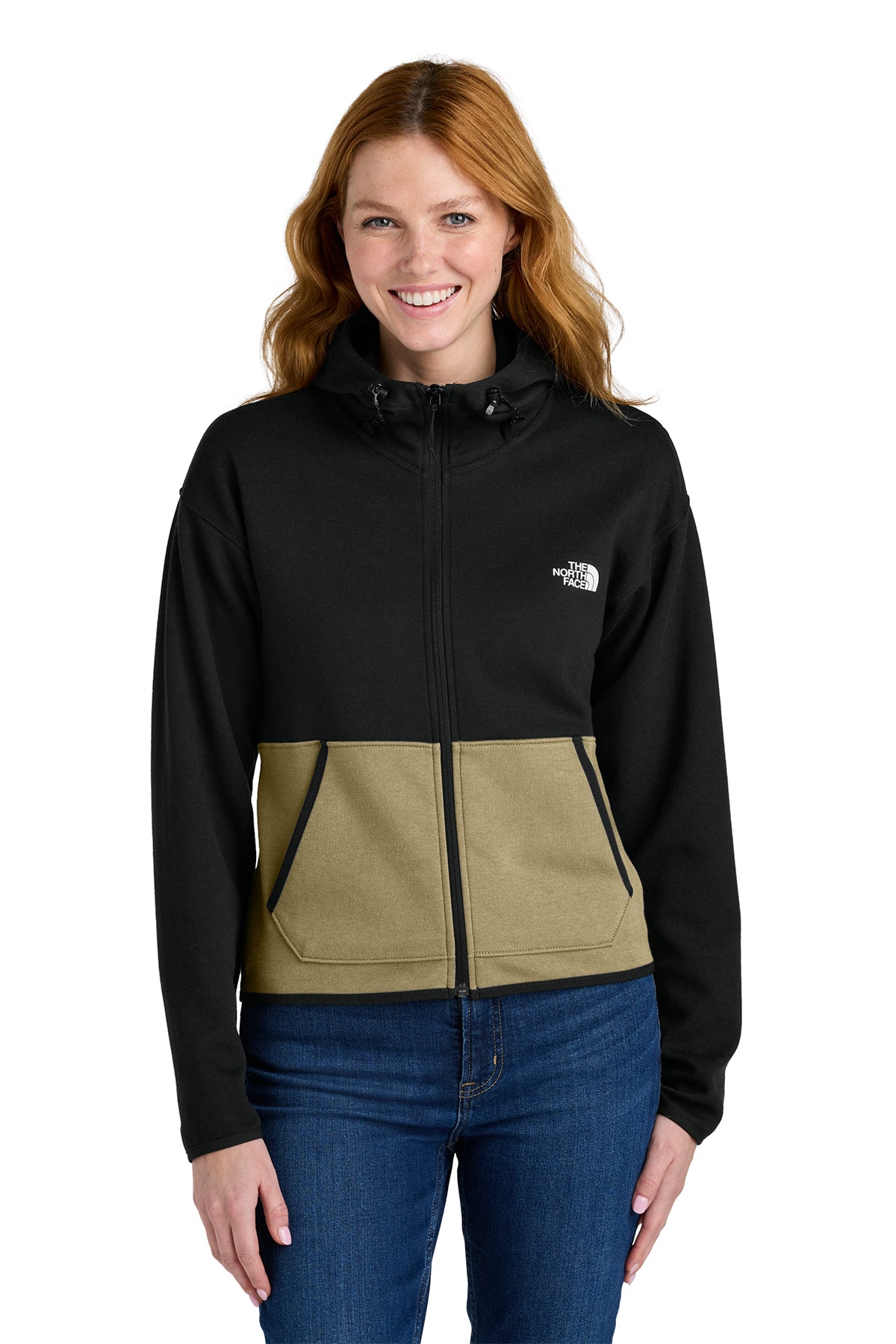 The North Face Women's Double-Knit Full-Zip Hoodie in Khaki Stone/ TNF Black, style NF0A8BUT