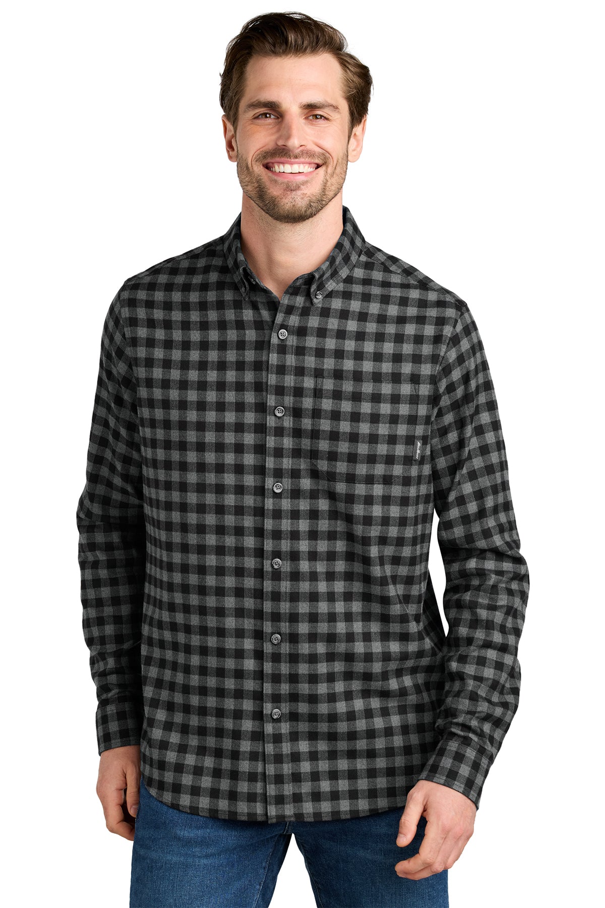 Eddie Bauer Long Sleeve Favorite Flannel Plaid Shirt in Deep Black Mini Buffalo, style EB610