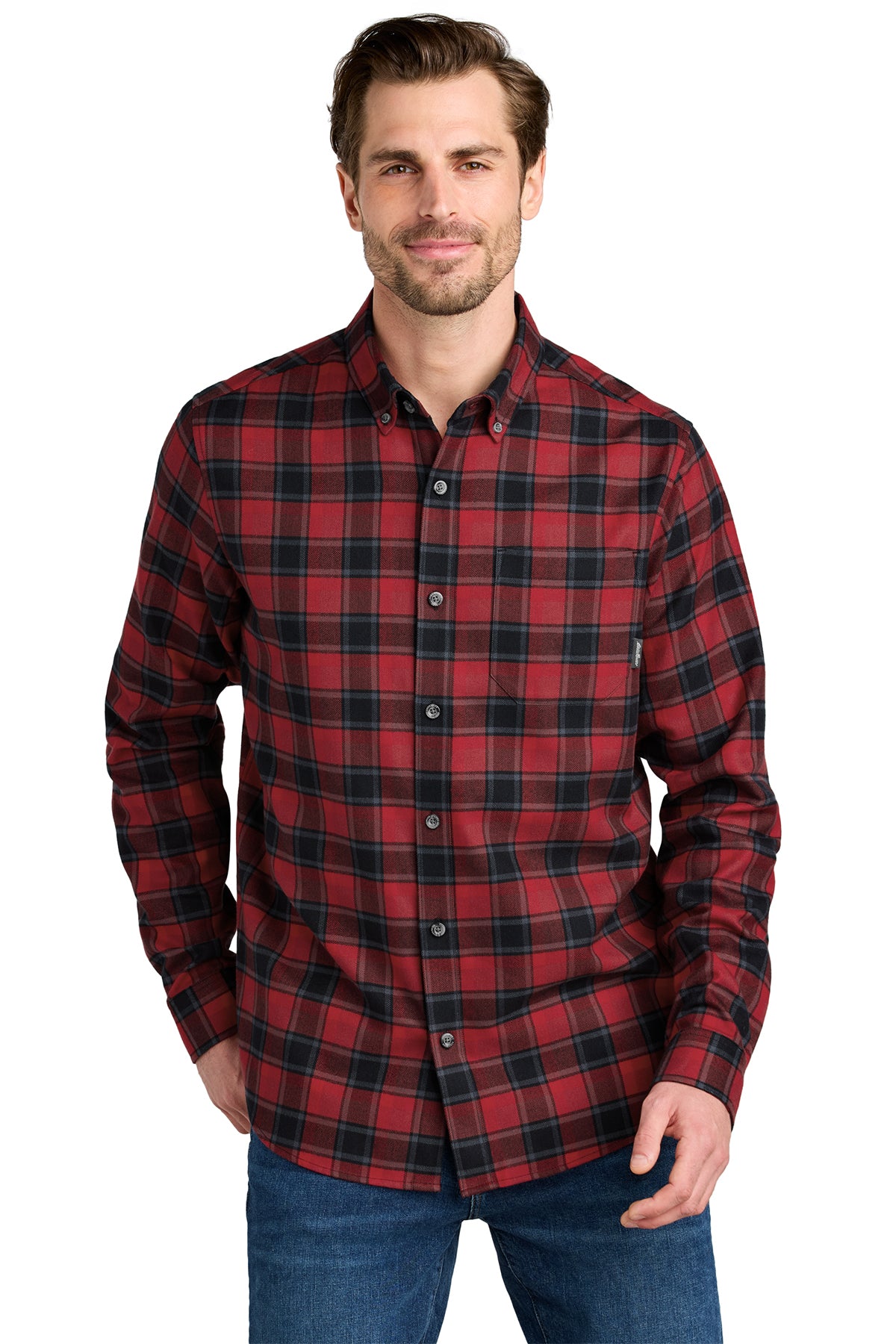 Eddie Bauer Long Sleeve Favorite Flannel Plaid Shirt in Red Highland Plaid, style EB610