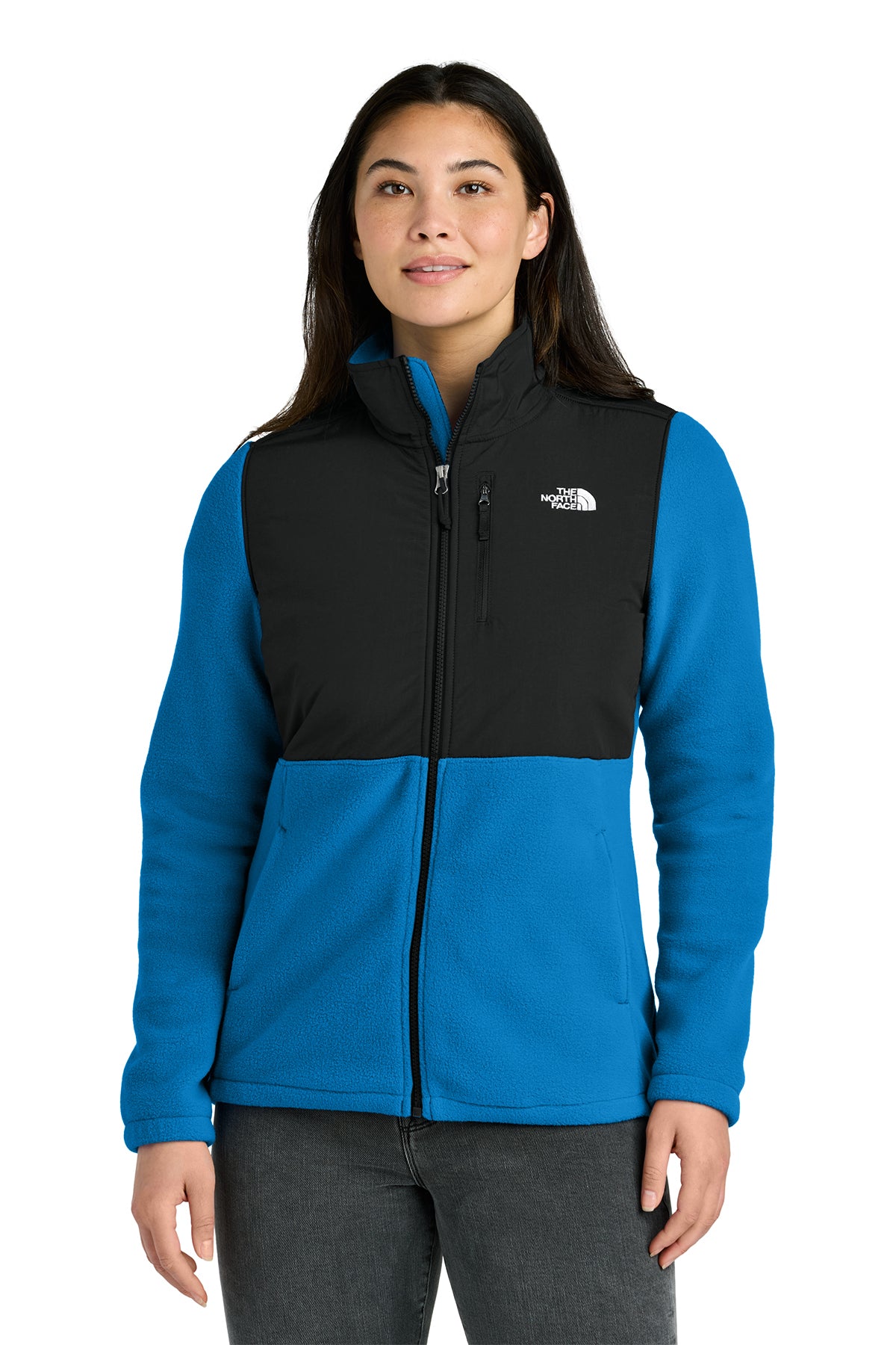 The North Face Women’s Highest Peak Full-Zip Fleece Jacket in Hero Blue/ TNF Black, style NF0A8BUR