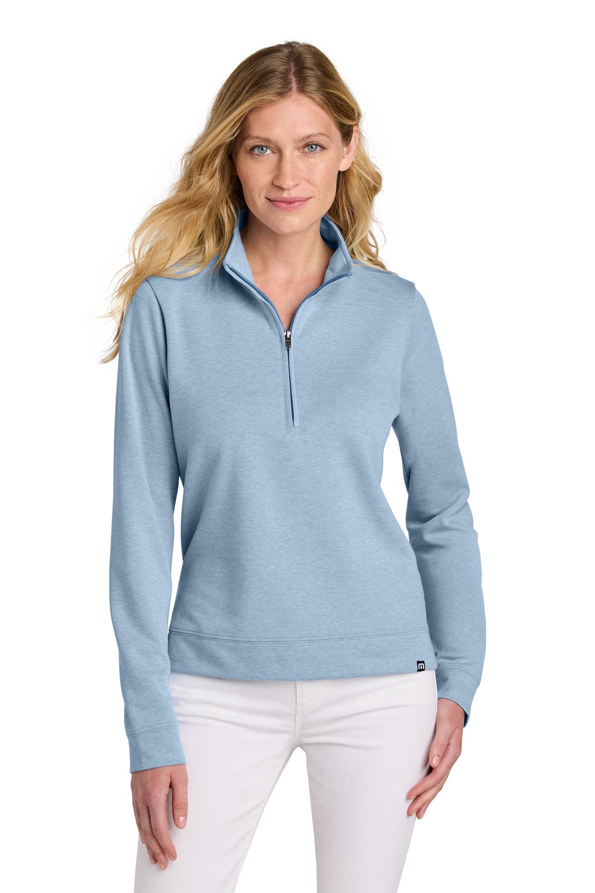 TravisMathew Women’s Coveside 1/2-Zip in Light Blue Heather, style TM1LD007