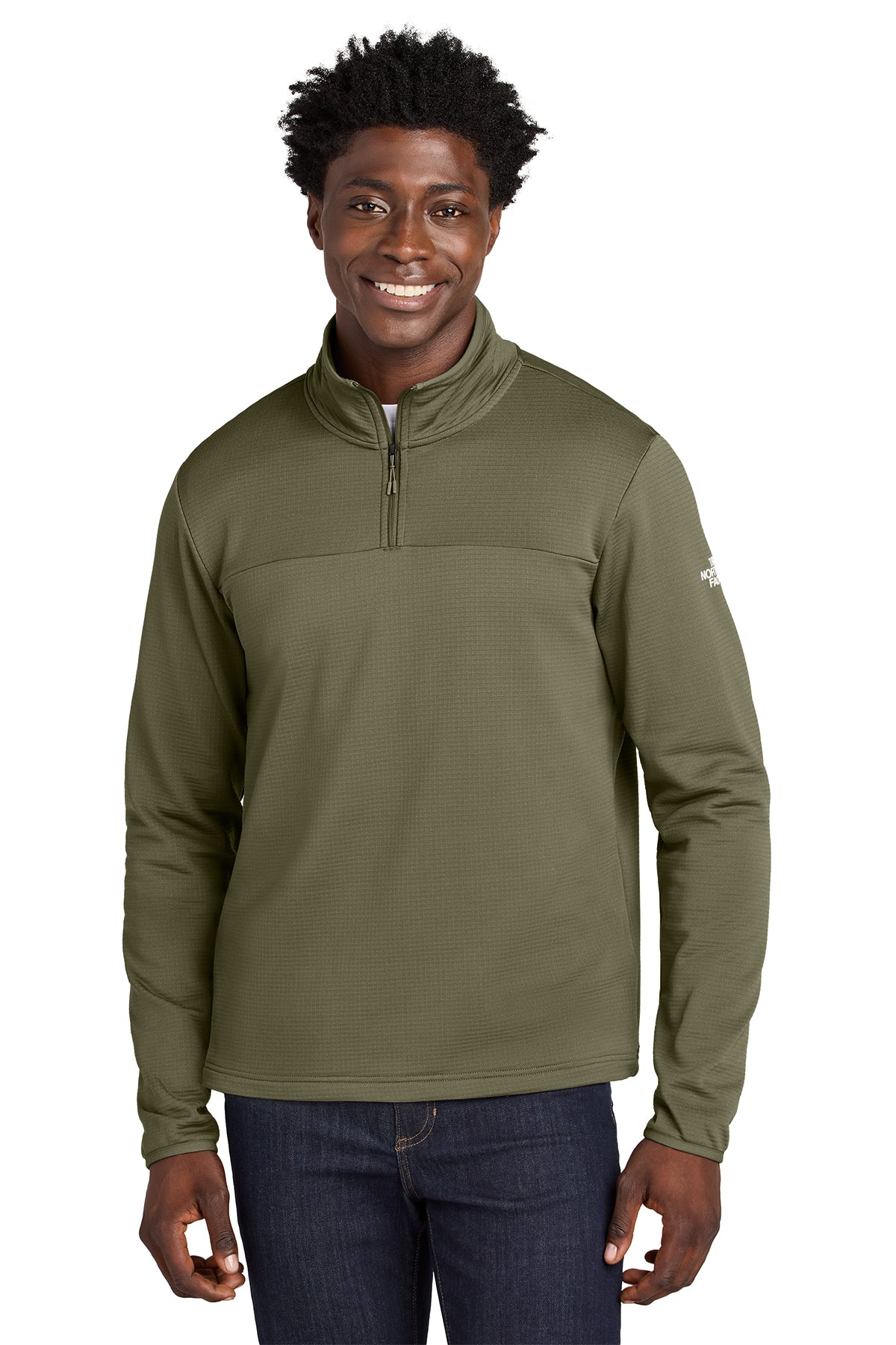 The North Face Aim 1/4-Zip Fleece in Burnt Olive Green, style NF0A8ENJ
