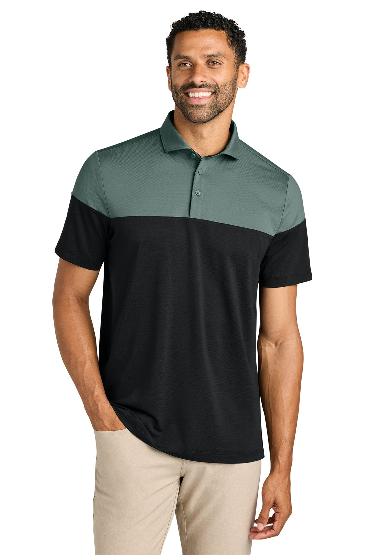 TravisMathew Onward Colorblock Polo in Balsam Green/ Black, style TMA42774