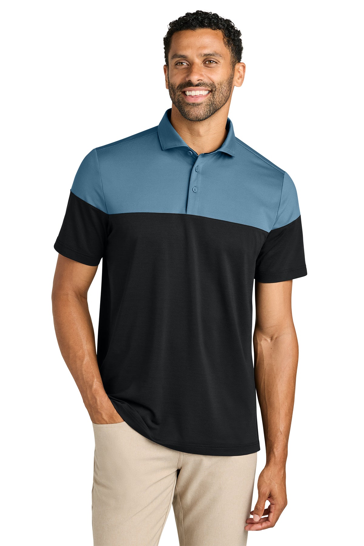TravisMathew Onward Colorblock Polo in Copen Blue/ Black, style TMA42774