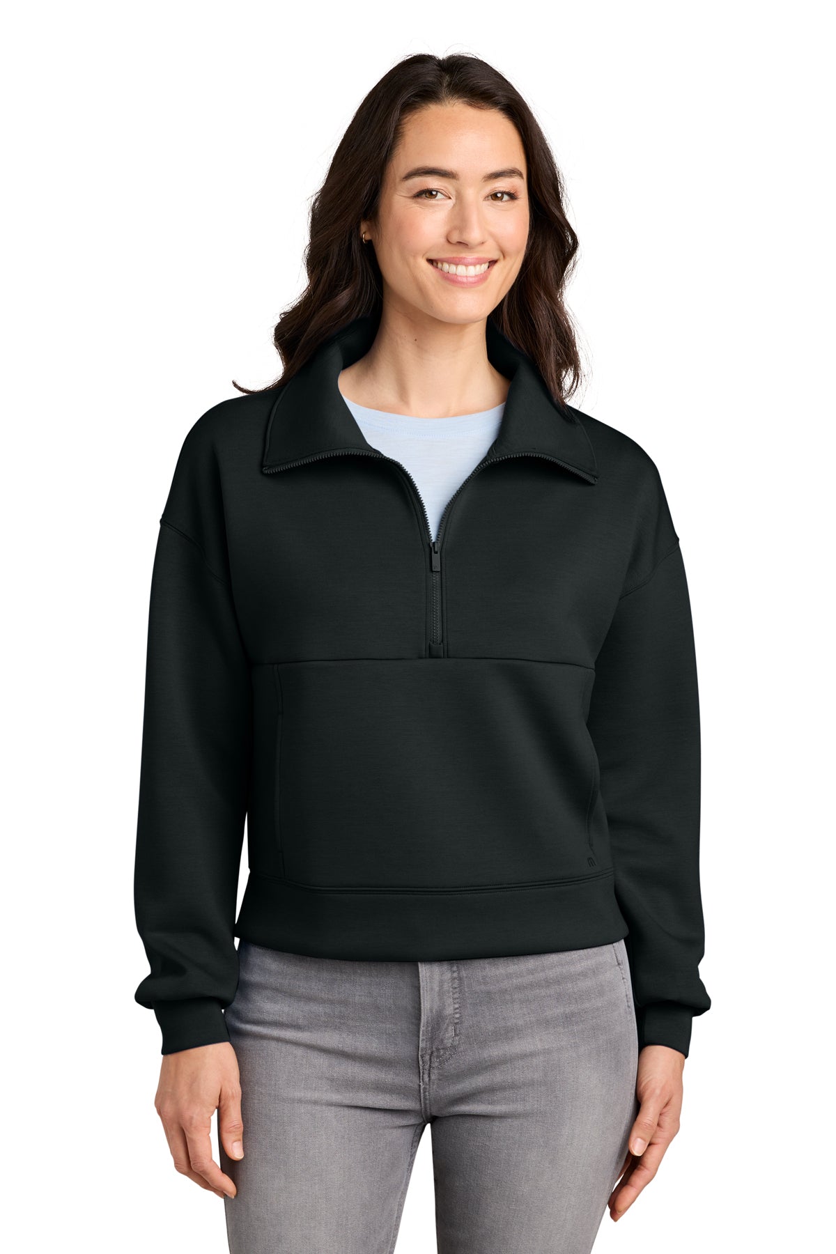 TravisMathew Women’s Momentum Shift 1/2-Zip in Black, style TMA42219