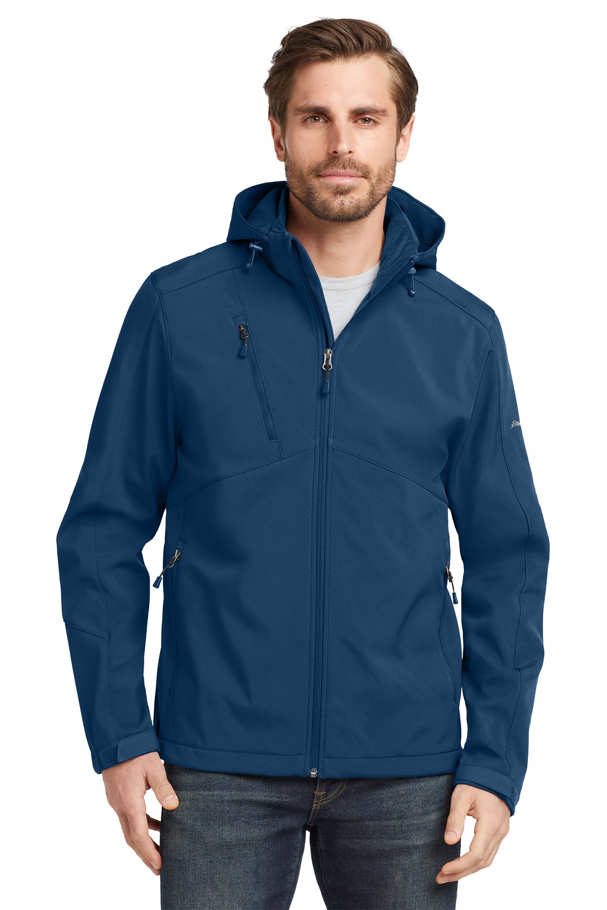 Eddie Bauer Hooded Soft Shell Parka in Admiral Blue, style EB536