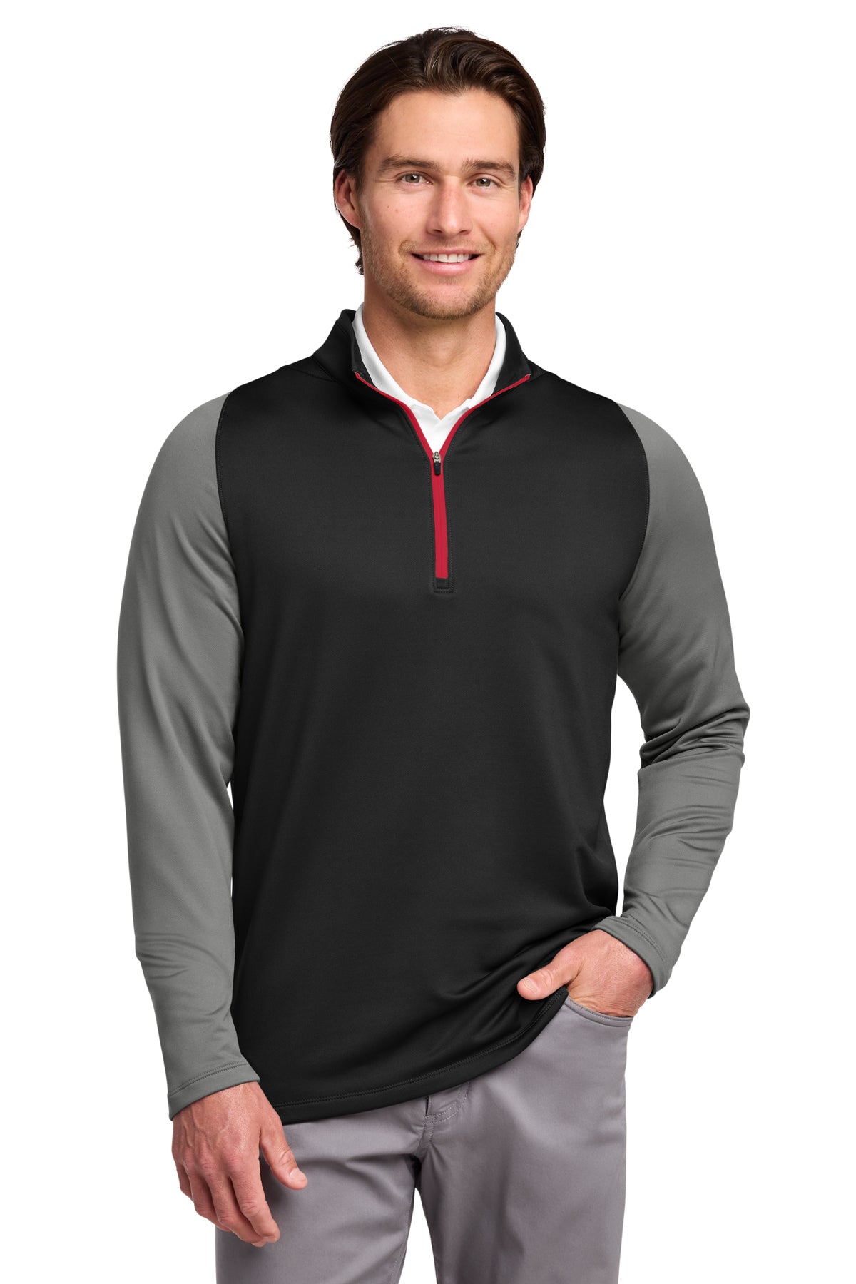 Nike Dri-FIT Stretch 1/2-Zip Cover-Up in Black/ Dark Grey/ Gym Red, style 779795