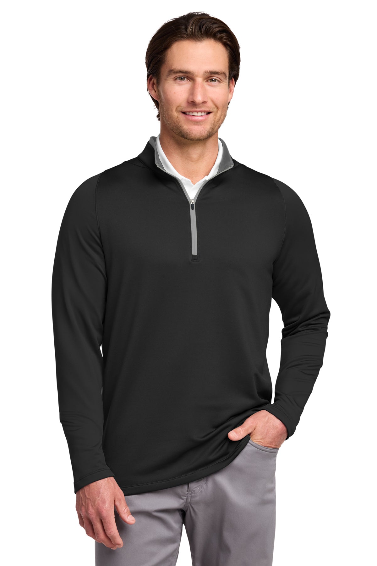 Nike Dri-FIT Stretch 1/2-Zip Cover-Up in Black/ Dark Grey, style 779795