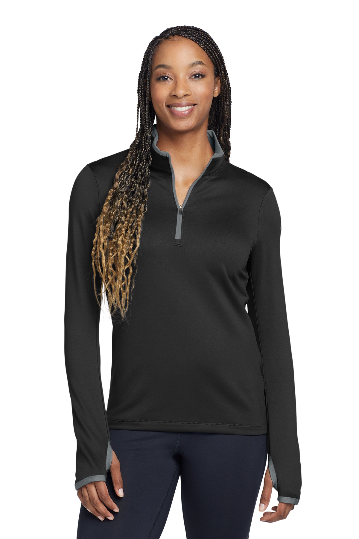 Nike Women's Dri-FIT Stretch 1/2-Zip Cover-Up in Black/ Dark Grey, style 779796