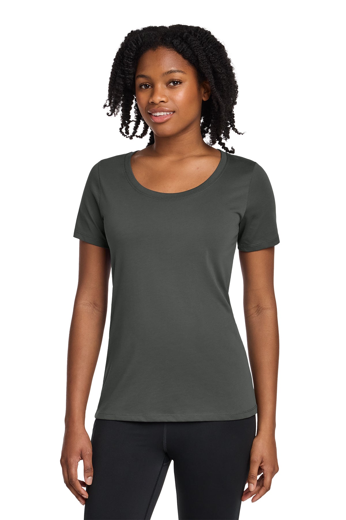 Nike Women's Dri-FIT Cotton/Poly Scoop Neck Tee in Anthracite, style NKBQ5234