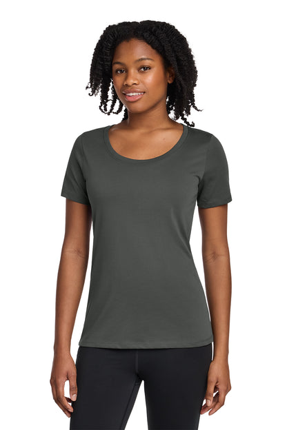 Nike Women's Dri-FIT Cotton/Poly Scoop Neck Tee in Anthracite, style NKBQ5234