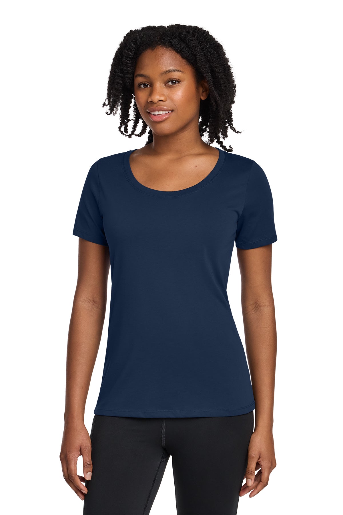 Nike Women's Dri-FIT Cotton/Poly Scoop Neck Tee in College Navy, style NKBQ5234