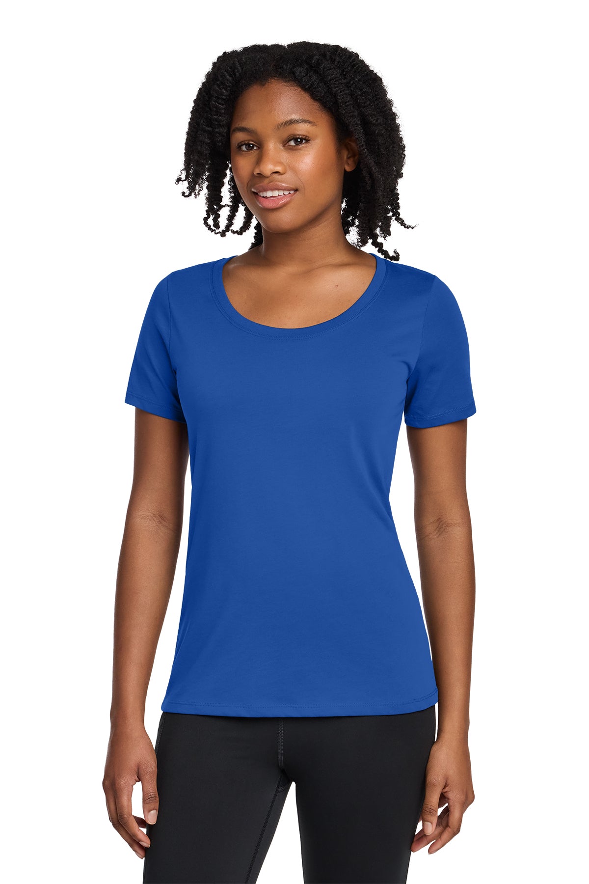 Nike Women's Dri-FIT Cotton/Poly Scoop Neck Tee in Rush Blue, style NKBQ5234