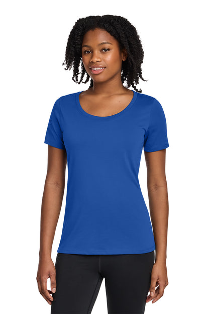 Nike Women's Dri-FIT Cotton/Poly Scoop Neck Tee in Rush Blue, style NKBQ5234